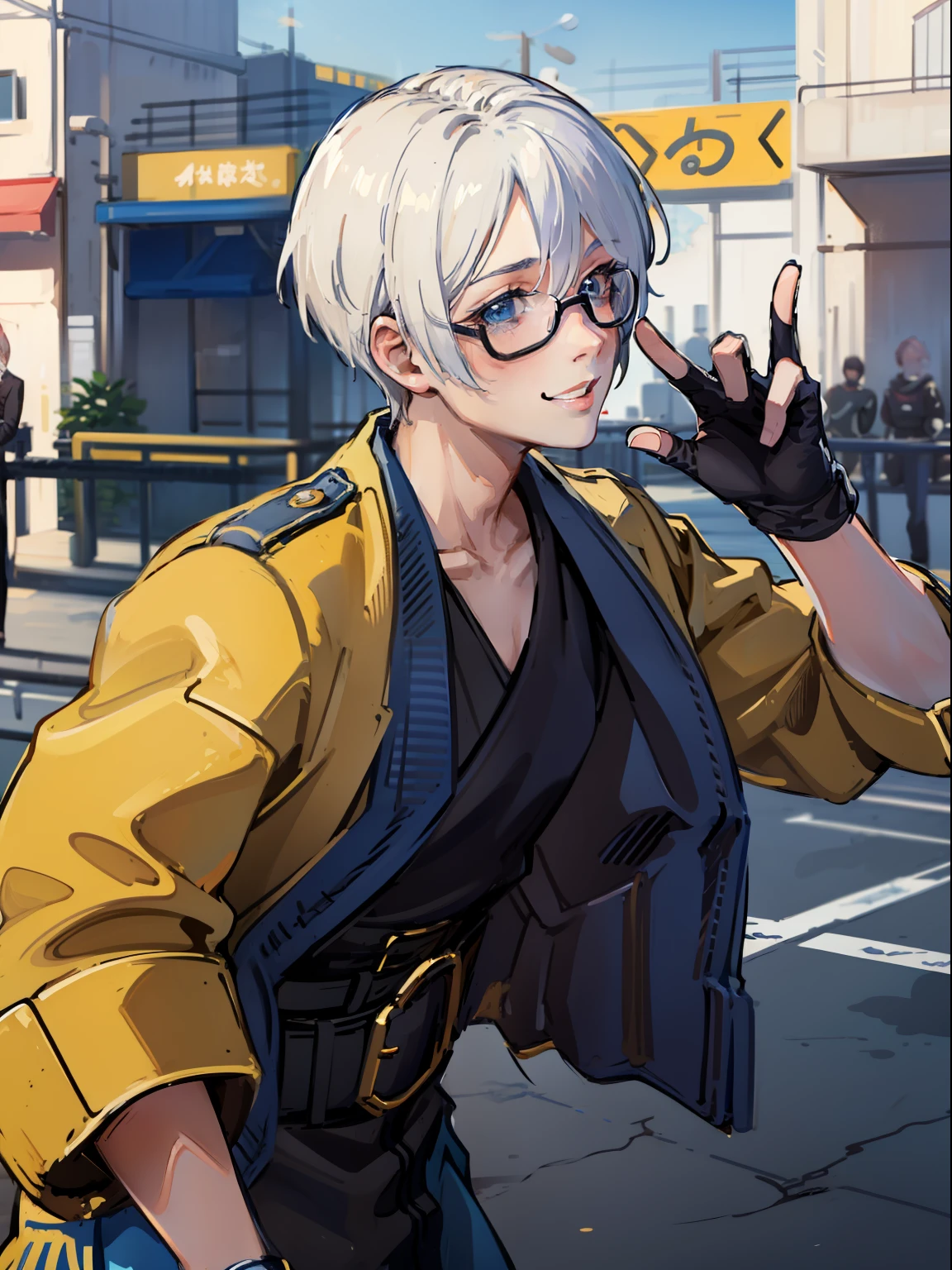 flathead， Wearing black-framed glasses，Wearing a yellow robe，A boy with a smile on his lips