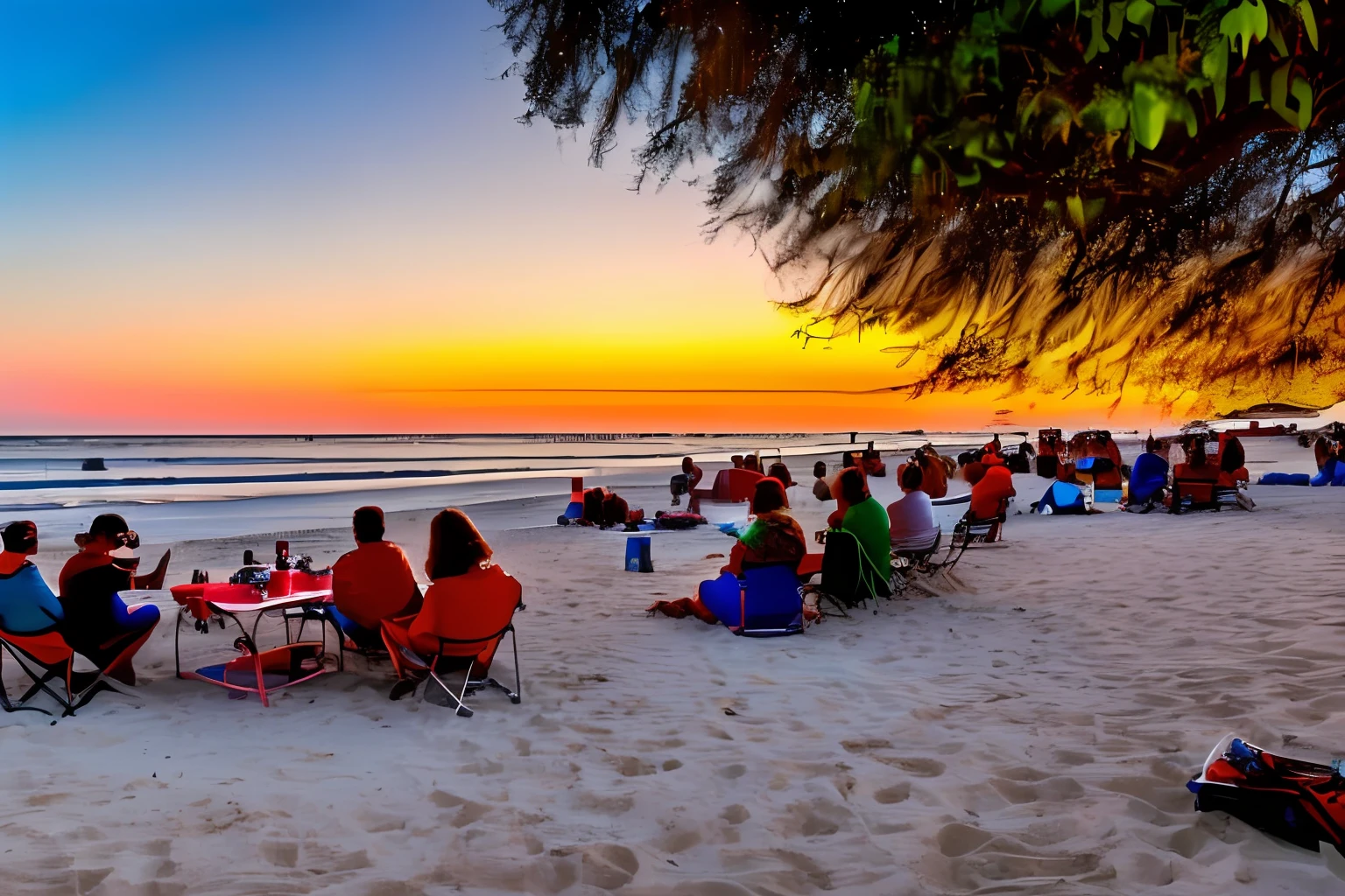 A group of people eating barbecue and drinking beer by the beach to watch the sunrise