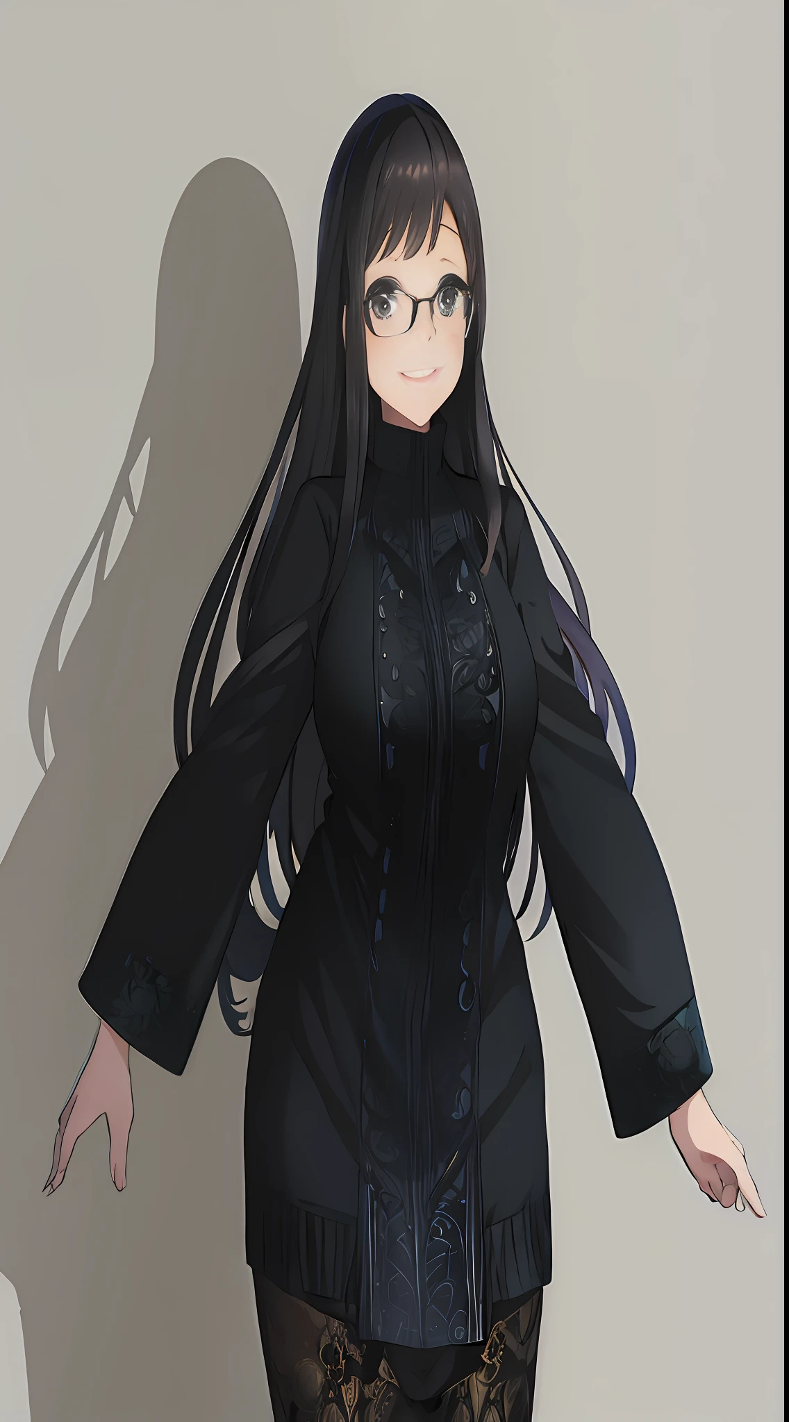 anime - style image of a woman with long hair and glasses, anime moe artstyle, smooth anime cg art, fullbody portrait, anime full body illustration, anime girl wearing a black dress, full-body character portrait, character full body portrait, full body portrait of a short!, full body character portrait, !!full body portrait!!, fanartbest quality, masterpiece, 1girl, 15 years old, best face, rim lighting, (high detailed skin:1.2), 8k uhd, high quality, high resolution, 4k, 8k, bokeh, absurdres, best ratio four finger and one thumb, amazing ilustration, best background matching, anime style 4 k, beautiful background, ultra hd 8K, simetrical eyes, beautiful eyes, detailed eyes, detailed pupil, black eyes, best anatomy, gently smile, glance left