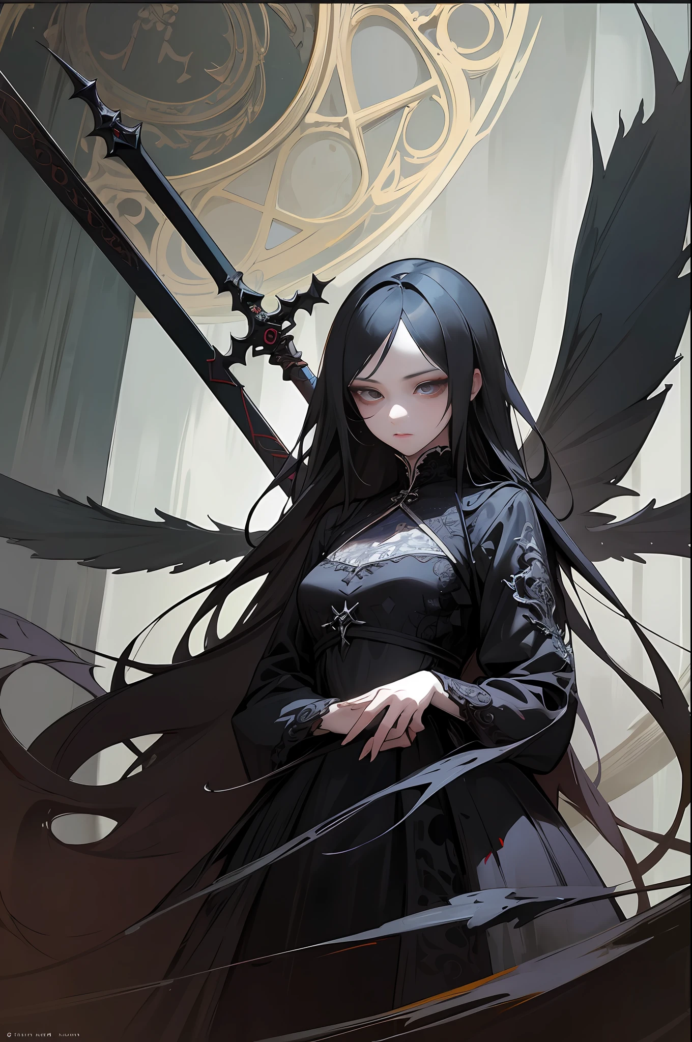 there is a woman in a black dress holding a sword, a detailed painting by Yang J, pixiv contest winner, gothic art, dark fantasy. intricate, gothic maiden anime girl, gothic art style, intricate ornate anime cgi style, dark fantasy style art, dark fantasy style, dark but detailed digital art, fashionable dark witch, highly detailed dark art