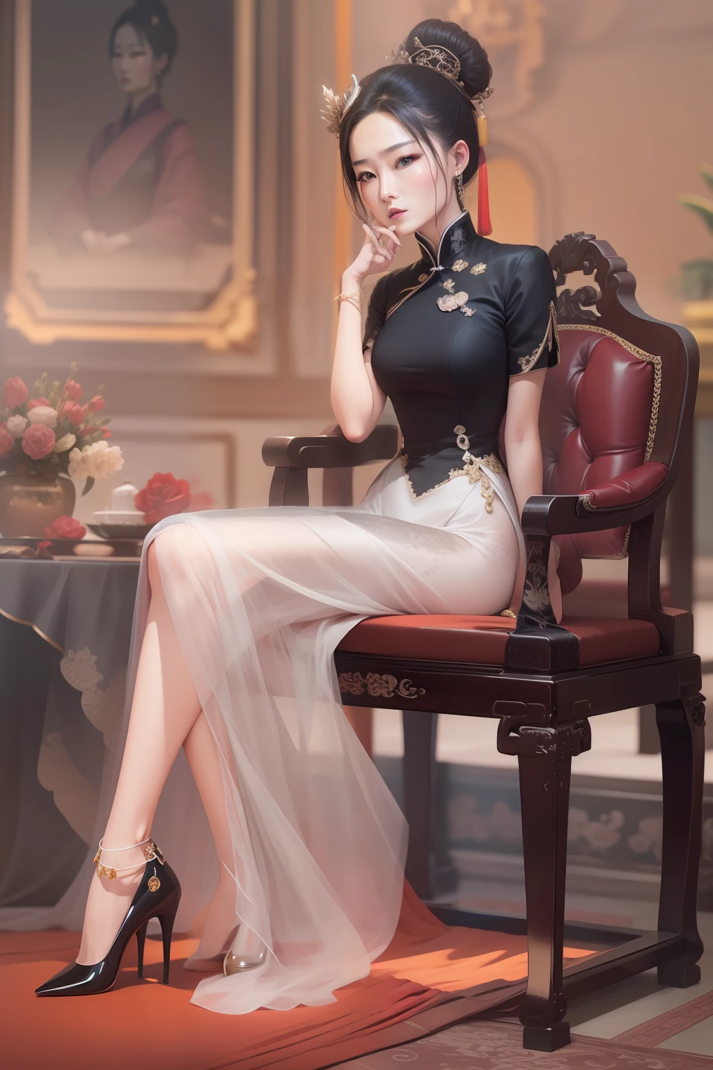 Chinese royal sister，Wearing black silk and high heels，sit on chair，The expression is flattering，