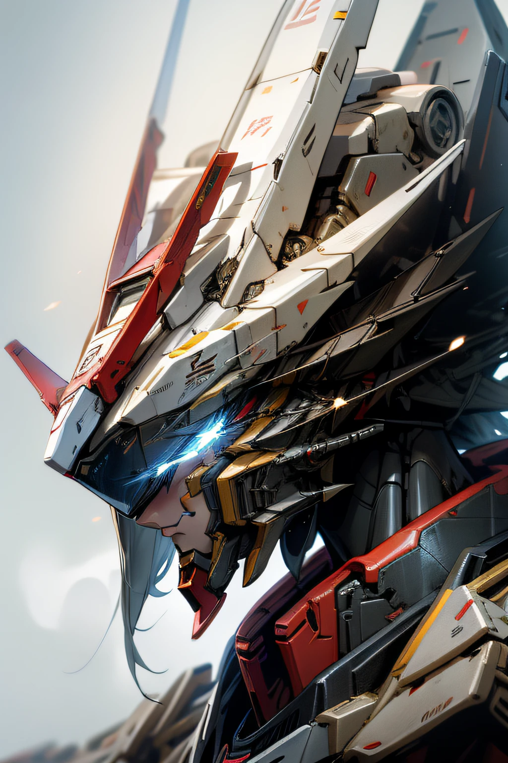 Girl mech,Dragon head mech,Lifelike,wallpaper hd,8K,Black color hair,Blue eyes,A detailed,in mecha style,Gundam Warrior,Japanese anime,battleground background,Red and white