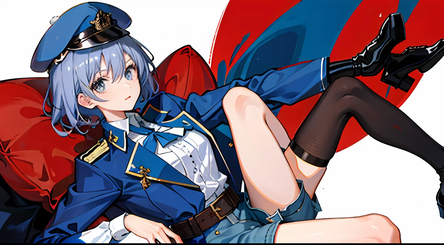 1girll, French flag emblem,blue short hair ,Long jacket,military hat,Domineering