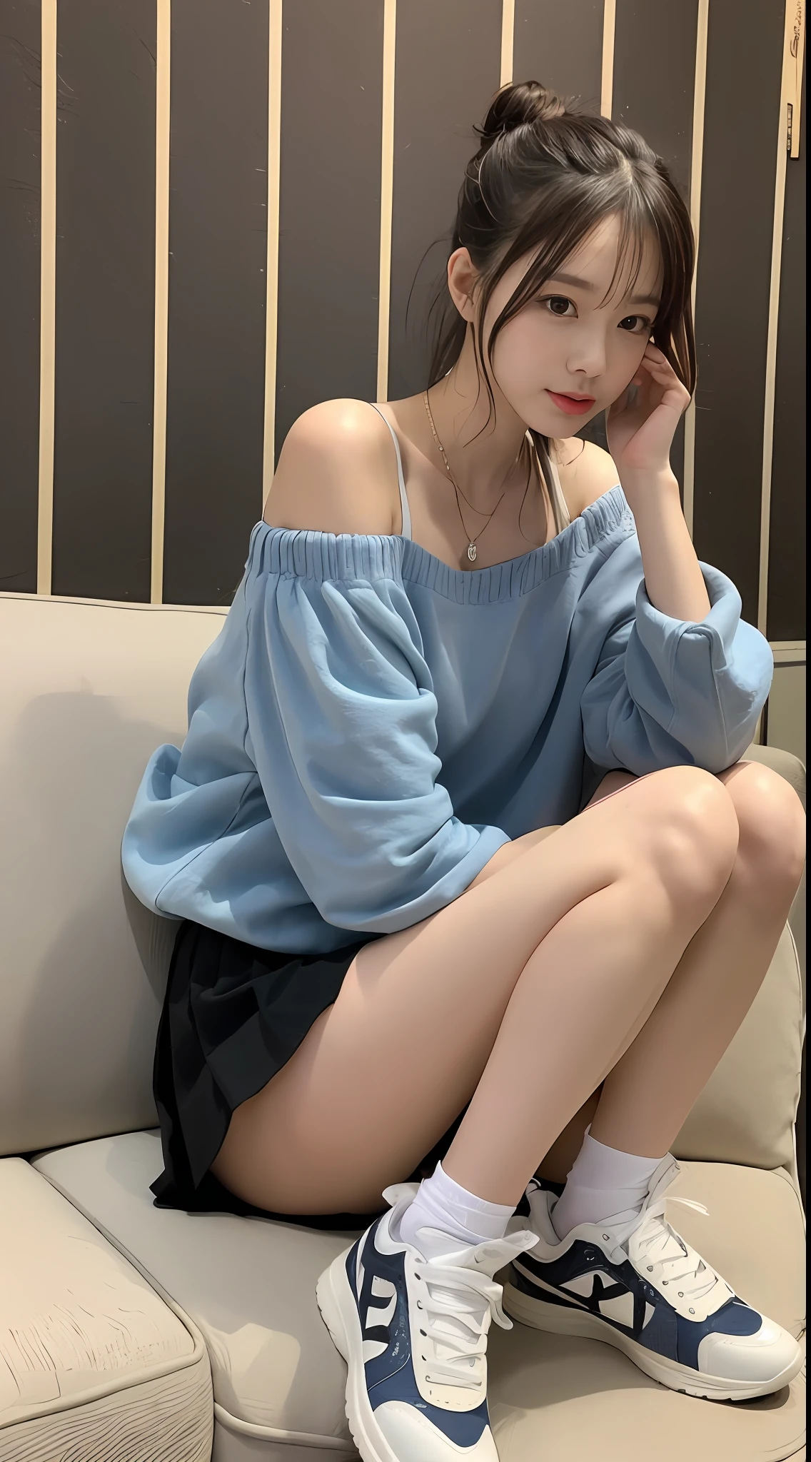 ((Best picture quality, 8K, tmasterpiece:1.3)), 1girll, Casual hairstyle, （off-shoulder blouse，Short pleated skirt：1.3）,（wet see through clothes：1.4），Ultra-fine face, A detailed eye, 二重まぶた，（long leges：1.4），（athletic sneakers：1.3），Sit on your side on the sofa