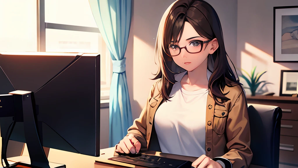 Brown hair and glasses、Young gymnast in jeans, White T-shirt and denim jacket on the left, Computer on the computer screen, Various cord-realistic movies in the matrix style