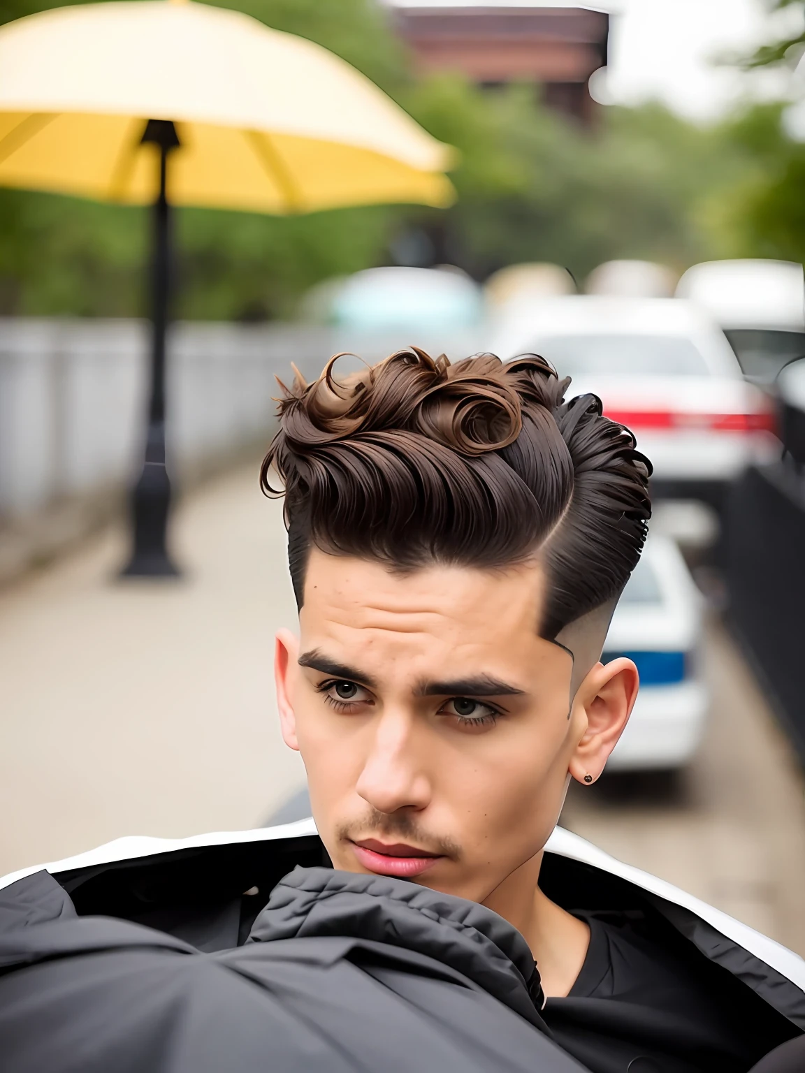 there is a man that is sitting on a bench with a umbrella, short hair on top of his head, buzzed hair on temple, back of head, very faded, short on sides, growth on head, back of the hair, short hair on sides of head, curls on top of his head, parted hair, head and shoulders view, wild hairstyle