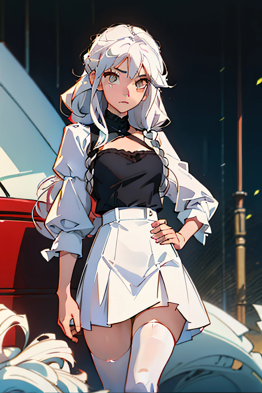 1girl, large breasts, red eyes, long hair, wavy hair, french braid, hair between eyes, white hair, thighhighs, black skirt, white shirt, partially unbuttoned