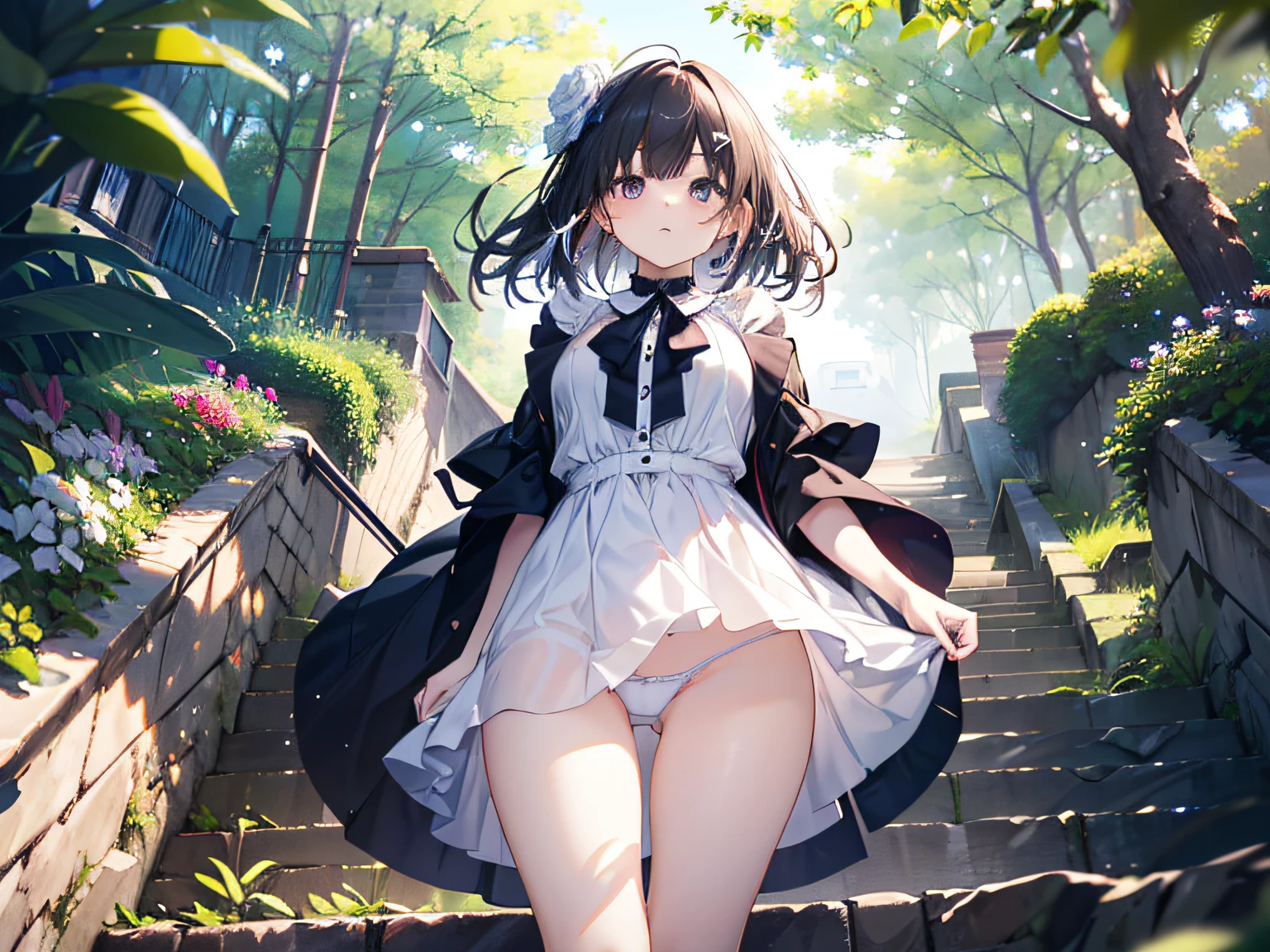 absurderes、high resolusion、top-quality、masterpiece、Close up break View viewer、Cowboy Shot Break (vivd colour:1.3) Romper (one girls:1.5), A dark-haired、White dress、(thighs thighs thighs thighs:1.3), (breastsout:1.3)、from the rear:1.2、looking-down、toView、roundly eyes, (blown by the wind:0.5), (((Very pretty white panties))), (Walking on a slope,:1.3)、perfect foot、s ass、(big butts:1.3)、from below ceiling、(shinny skin:1.1)、gust of wind(the wind:1.2)、Break the background(Steep stairs:1.3)、(Stand in the center of the screen:1.3)、 Break windows、Particles of light、dynamic ungle、Dutch Angle、Perspective Break Depth of Field、bokeh dof、light leaks、(chromatic abberation:1.2)、Noon Break