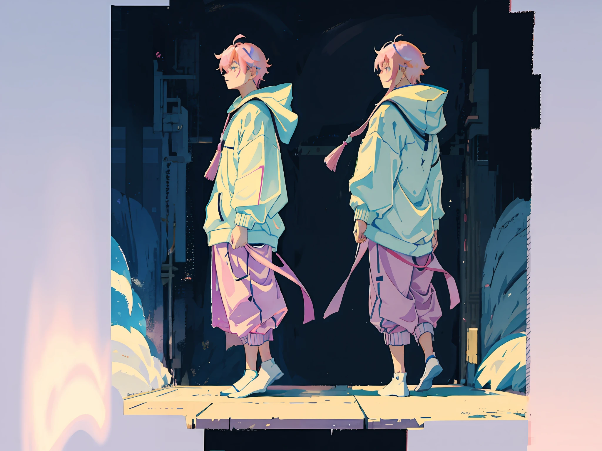 Close up of a boy with pink hair, long whitr hair, Wear a simple sweatshirt,Japanese boy design,Genshin detailed art,Anime character design,anime concept art,pretty anime character design,anime character reference sheet,The best effect of character design。