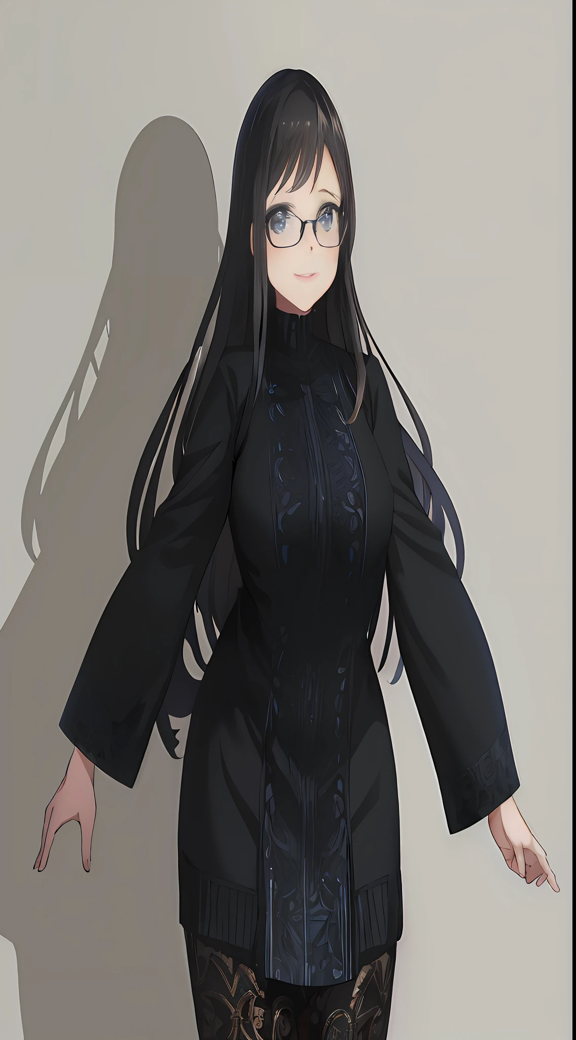 anime - style image of a woman with long hair and glasses, anime moe artstyle, smooth anime cg art, fullbody portrait, anime full body illustration, anime girl wearing a black dress, full-body character portrait, character full body portrait, full body portrait of a short!, full body character portrait, !!full body portrait!!, fanartbest quality, masterpiece, 1girl, 15 years old, best face, rim lighting, (high detailed skin:1.2), 8k uhd, high quality, high resolution, 4k, 8k, bokeh, absurdres, best ratio four finger and one thumb, amazing ilustration, best background matching, anime style 4 k, beautiful background, ultra hd 8K, simetrical eyes, beautiful eyes, detailed eyes, detailed pupil, black eyes, best anatomy, gently smile, glance left