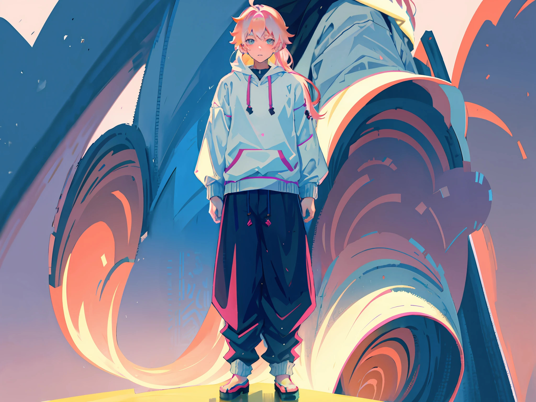 Close up of a boy with pink hair, long whitr hair, Wear a simple sweatshirt,Japanese boy design,Genshin detailed art,Anime character design,anime concept art,pretty anime character design,anime character reference sheet,The best effect of character design。