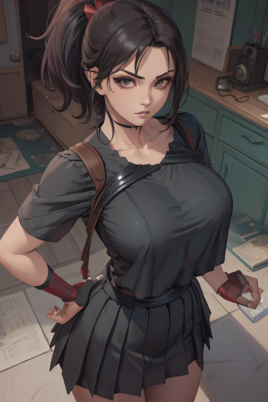 Garota anime com um peito muito grande posando em um quarto, badass anime 8 k, de anime cyberpunk feminino, menina sedutora, Estilo anime 3D realista, garota anime, photorealistic anime girl rendering, 3 d anime realista, estilo anime 4K, estilo anime. 8k, anime altamente detalhado, short hair, tifa lockhart face