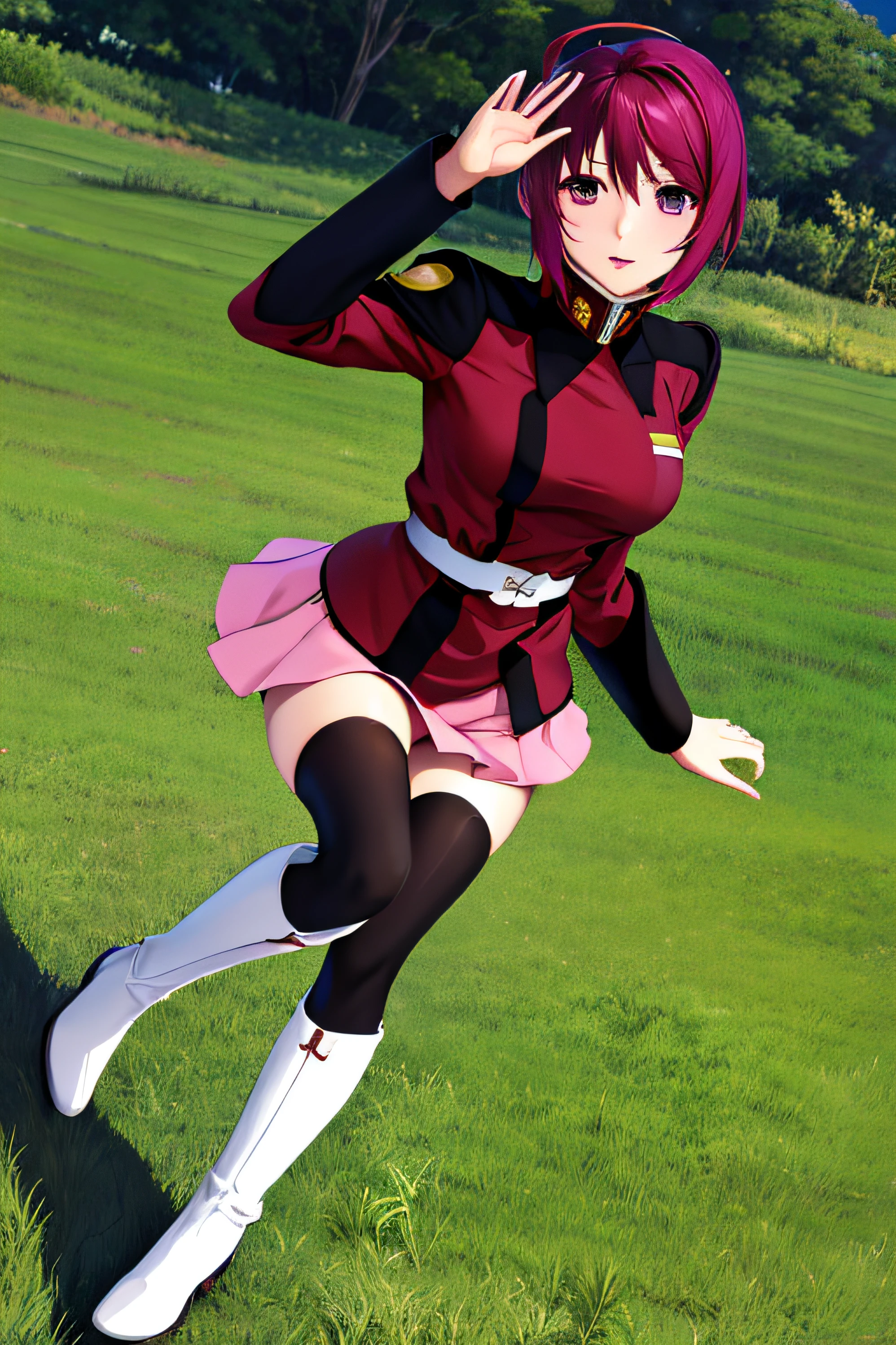 masterpiece, best quality, highres, 1girl, solo, pink skirt, military uniform, short hair, ahoge, black thighhighs, red hair, purple eyes, purple hair, long sleeves, field, grass, wariza, white boots,