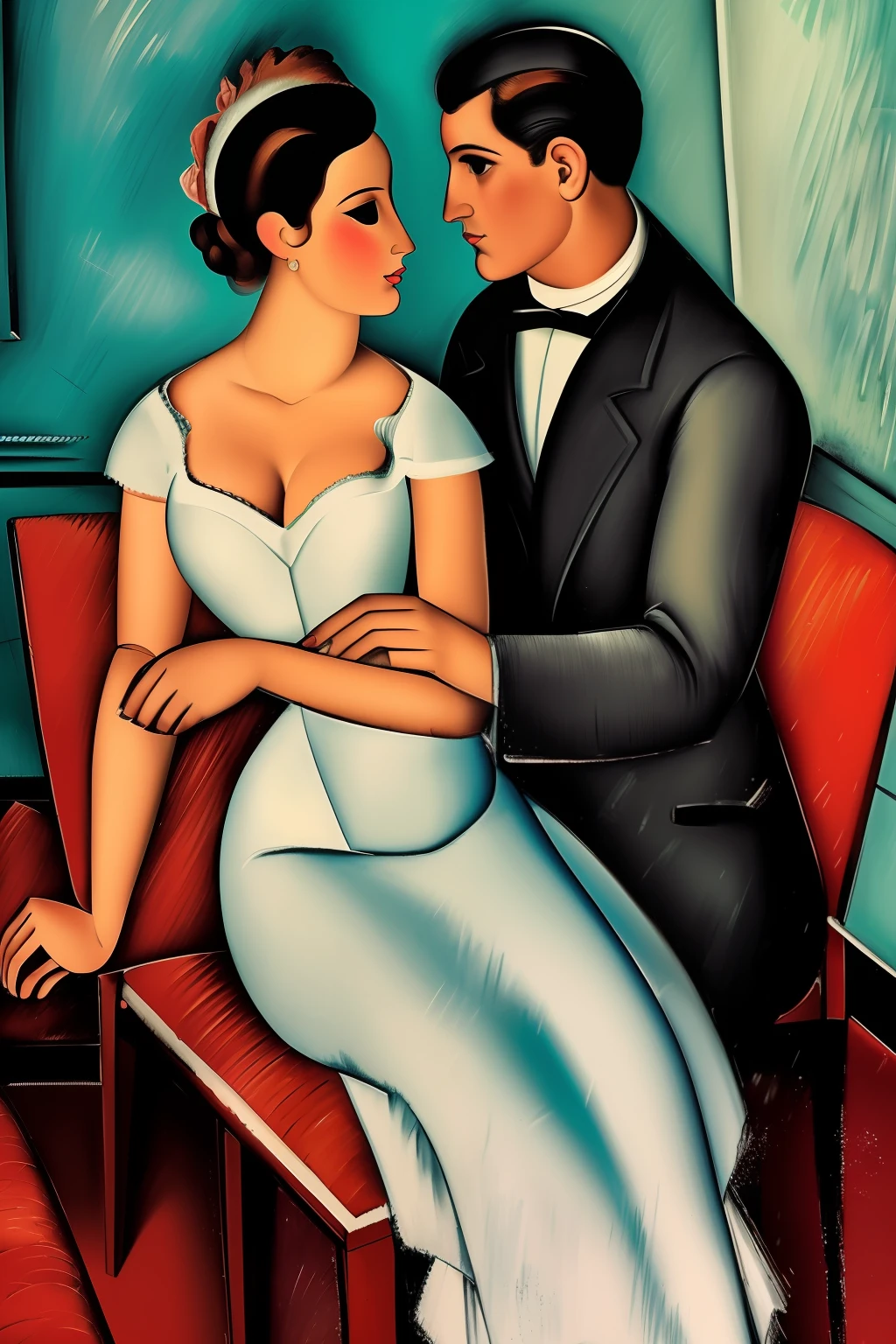 2 couples dancing in a restaurant in Paris in the early twentieth century, los invitados son ((characters from the works of Amedeo Modigliani seated according to the composition of the image to be generated , otros personajes de pie en el fondo o a los lados))cinematography lighting, ultra detallado, Pintura digital, Artstation, arte conceptual, Suave, foco nítido, illustration, (piel alta y detallada:1.2), 8k UHD, DSLR, Soft lighting, alta calidad, Film grain, Fujifilm XT3 mix4 Wildstyle RAW foto,