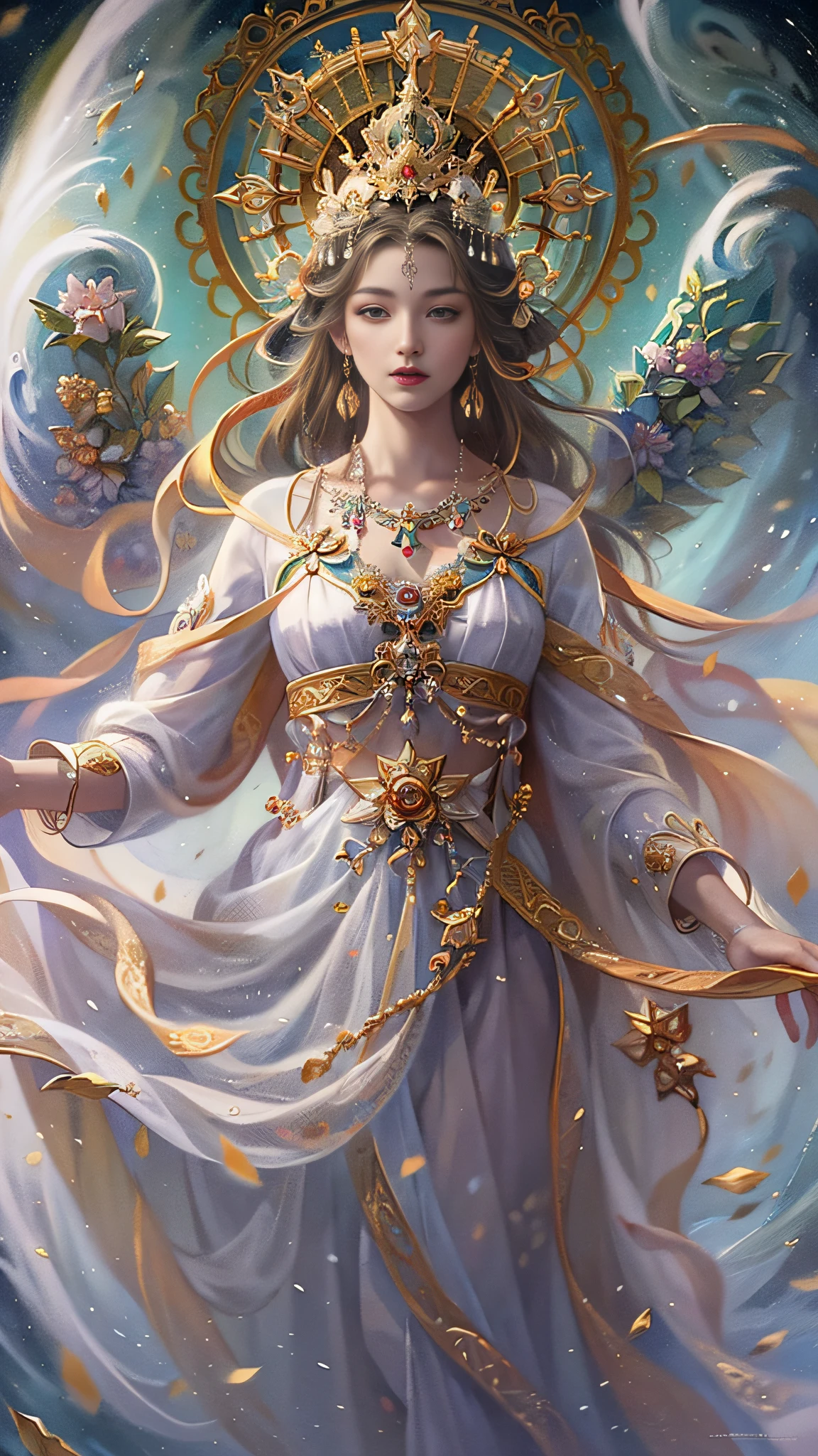 ((Best quality)),offcial art，Extremely detailed,Look at the masterpiece，A detailed and realistic depiction of the sacred maiden is depicted. The ethereal presence of the goddess is captured in every stroke, Exudes elegance and beauty. Her flowing robes and celestial aura add to the charm of the artwork. This digital illustration, With its intricate details and high resolution, It's fascinating