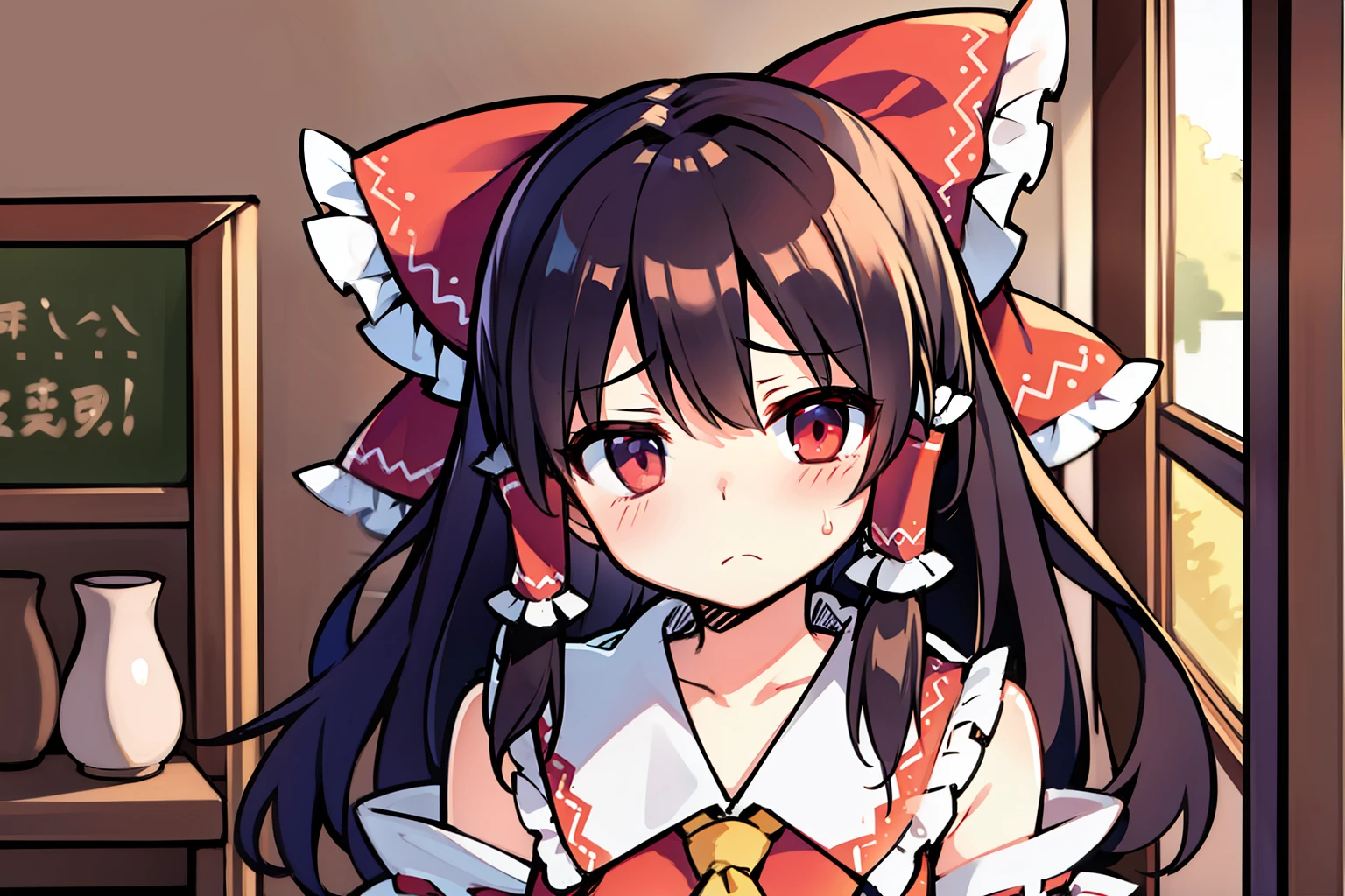 hakurei reimu, sad, indoors,