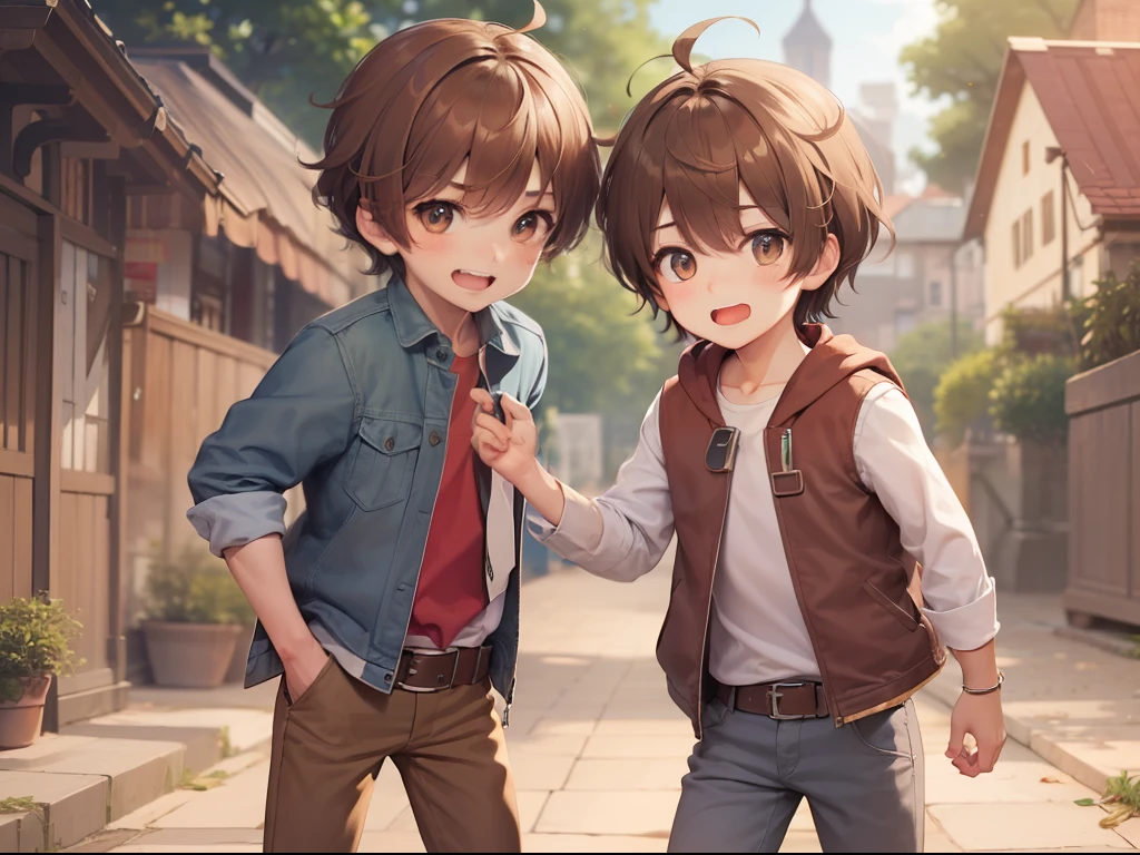 Best quality, tmasterpiece, Twin brothers, Brown hair, brown eyes, Naughty and mischievous, The expression is mocking