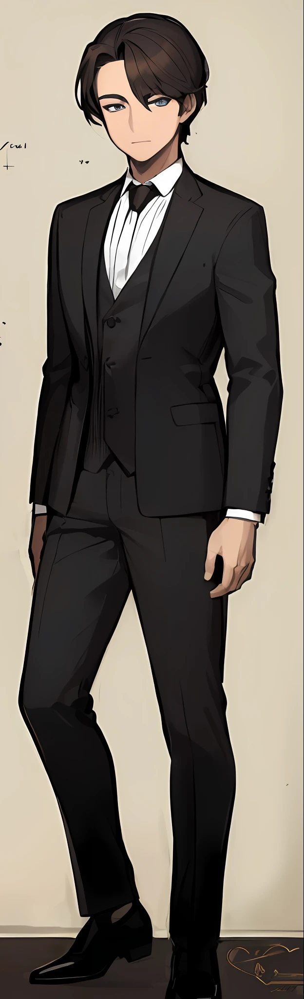 ((Masterpiece))), (((Best Quality))), ((Ultra-detailed)), (very detailed illustration), cinematiclight,, 1 guy ((Character Sheet)), (Concept art), ((full - body)), (Masterpiece: 1.2), (Best Quality: 1.3), 1 guy standing Guy in a formal suit with a tie . Dark hair, blue eyes