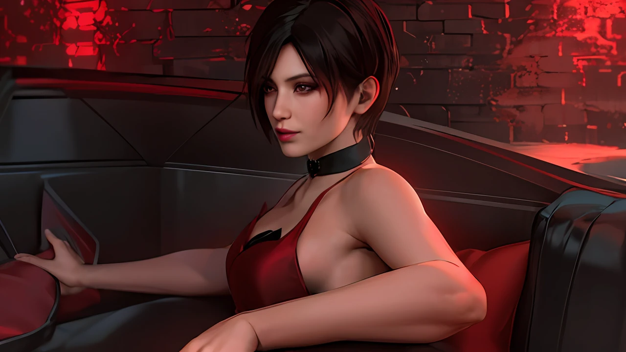 mulher em vestido vermelho deslumbrante dentro de uma lancha, Glamorous Supermodel with the essence of Ada Wong from Resident Evil 4, cabelo curto preto elegante. ultra realista, super detalhado, live action