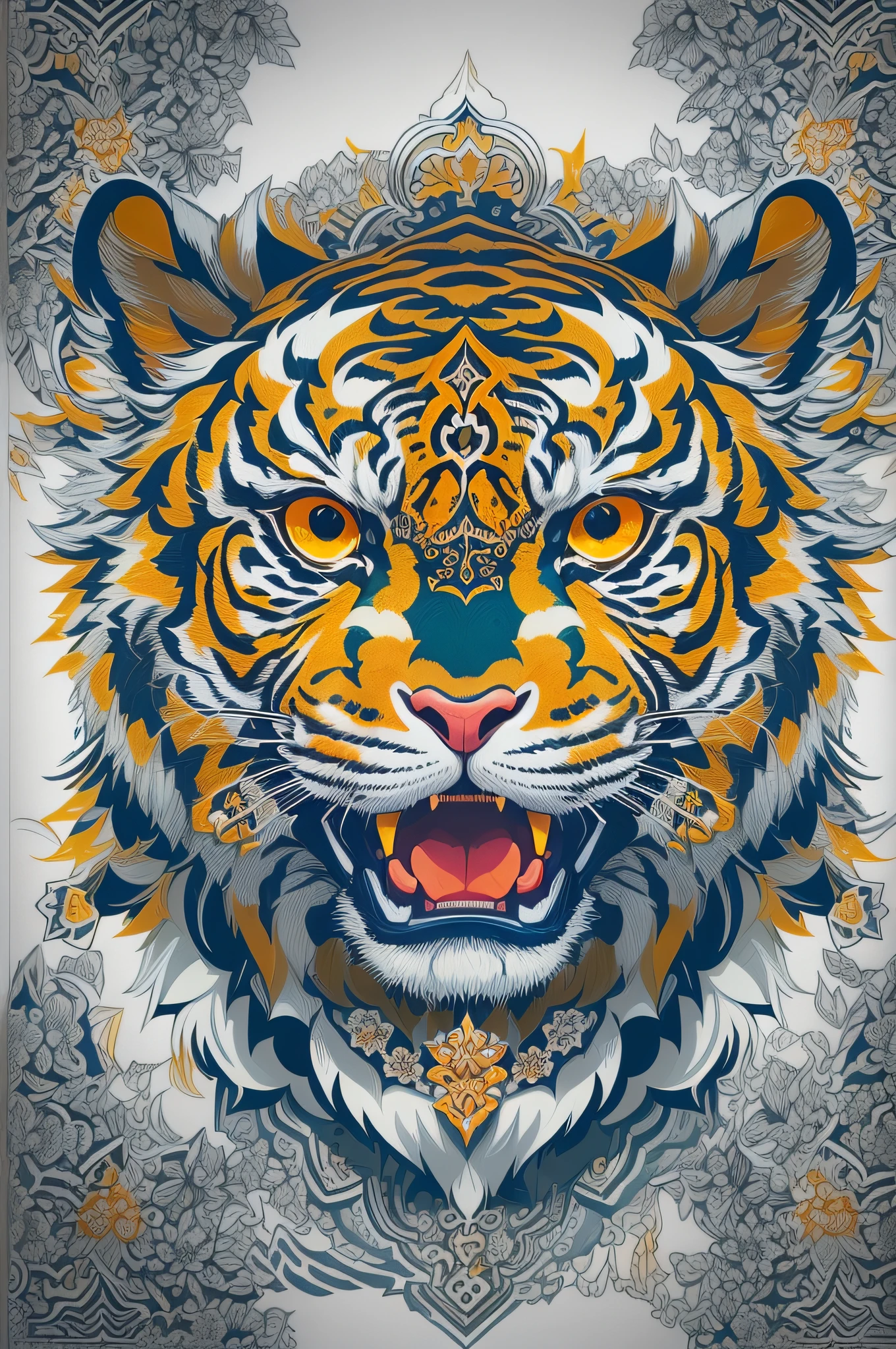 (White background:1.4),(Symmetrical:1.5),(tmasterpiece《a tiger's head》, In the middle,  Oriental elements),（China - chic illustration:1.2, Vector painting:1.4),(Chinese colors,senior color matching),( reasonable design, Clear lines, High sharpness,Best quality, Very detailed, Masterpiece, offcial art, movie light effect, 4K )