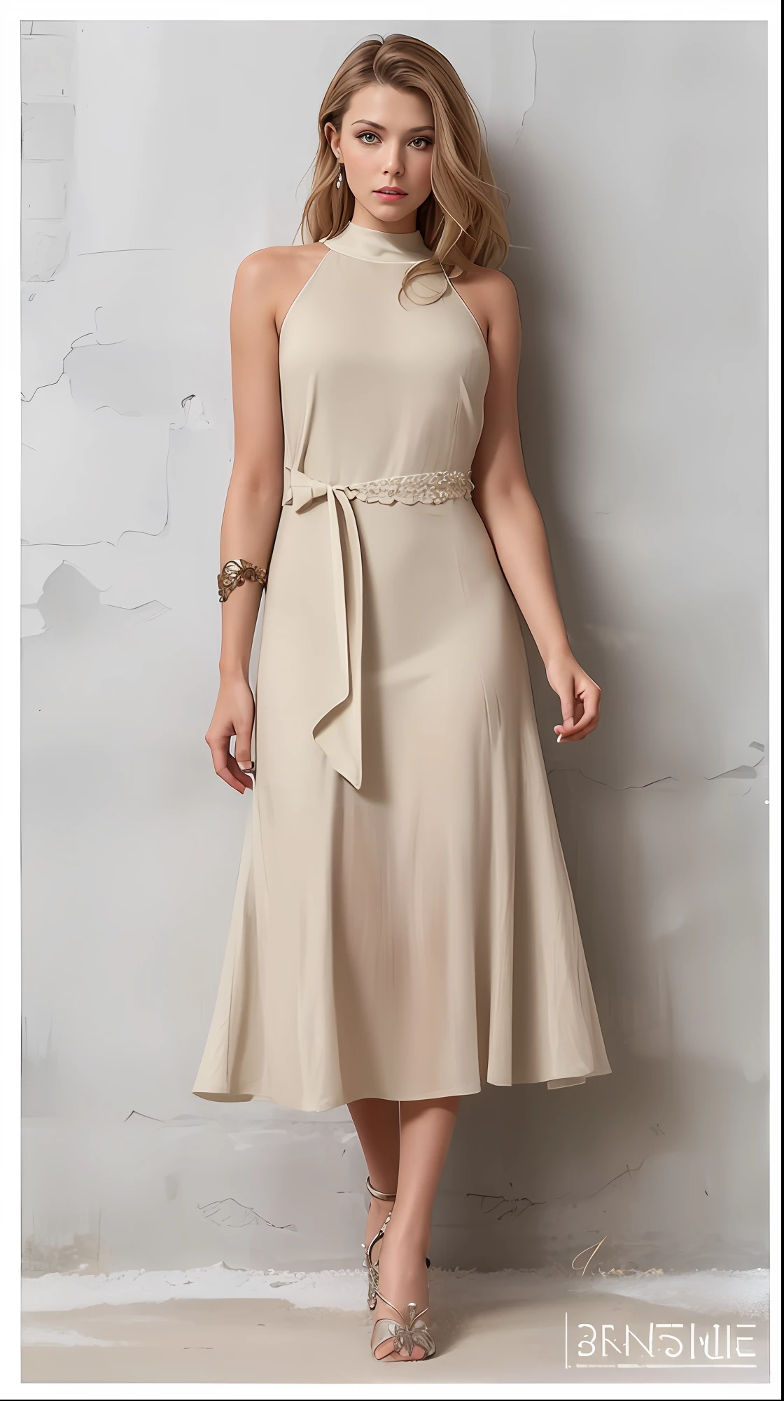 a woman in a tan dress standing against a wall, vestido longo feminino, vestido, vestido elegante, Flowing dress, organic dress, com cintura fina, Wearing a flowing dress, vestido sofisticado, vestido creme simples, usando um vestido elegante, tons neutros, vestido de seda suave, vestido longo, vestido elegante, wearing a flowing sundress, modest flowing gown, Elegant proportions