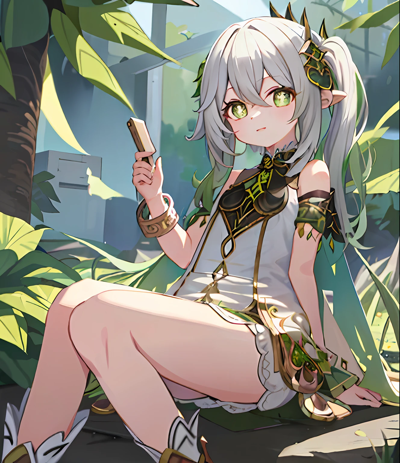 Masterpiece, Best quality, 1girll, Solo, Nasida_Genshin, cross-shaped pupils, default_dress, Green cape, 裸露的女生，photorealestic