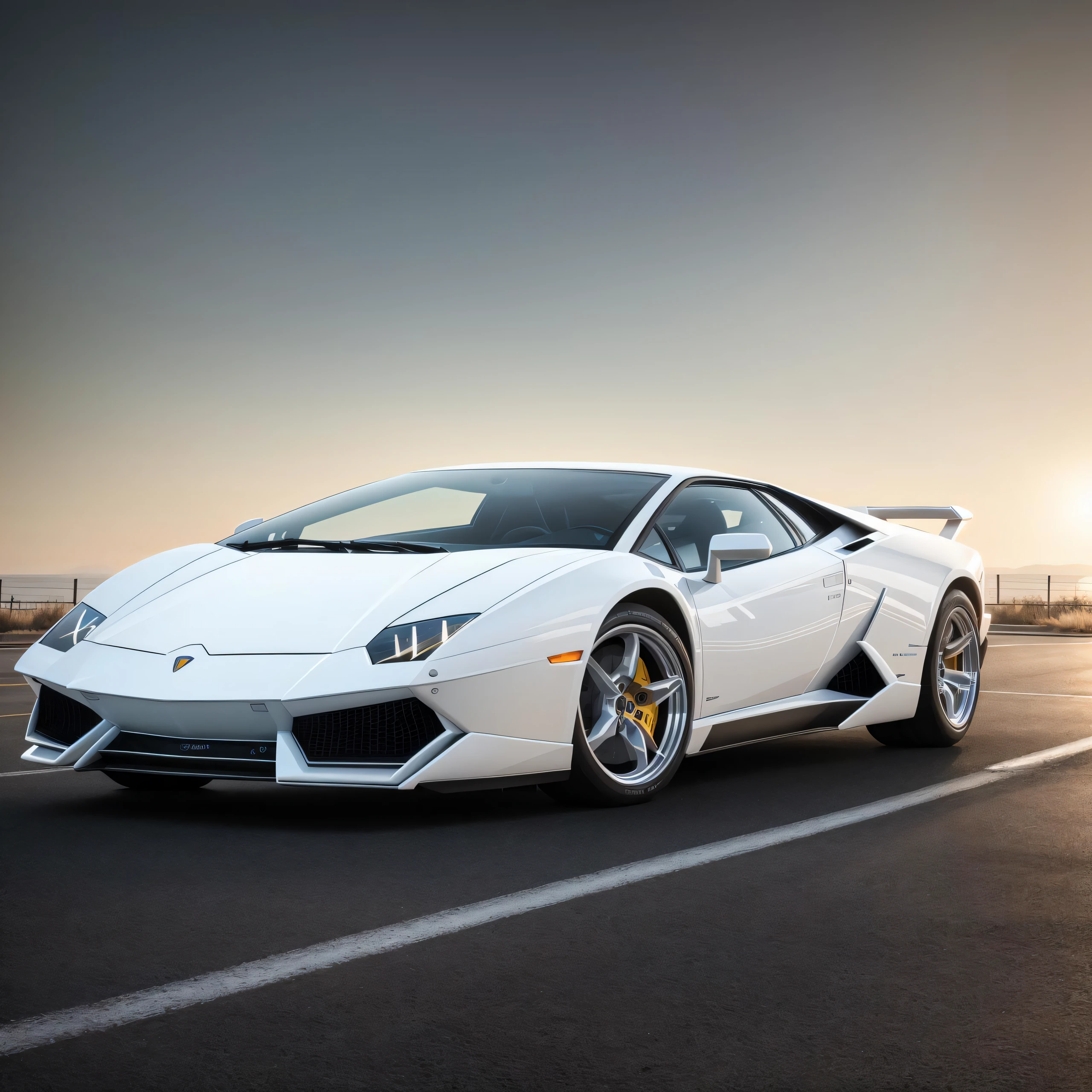 Cinematic photograph of a white 1980s Lamborghini, (good composition), (in frame), centered, 8k, 4k, detailed, attractive, beautiful, impressive, photorealistic, realistic, cinematic composition, volumetric lighting, high-resolution, vivid, detailed, stunning, professional, lifelike, crisp, flawless, DSLR, 4k, 8k, 16k, 1024, 2048, 4096, detailed, sharp, best quality, high quality, highres, absurdres