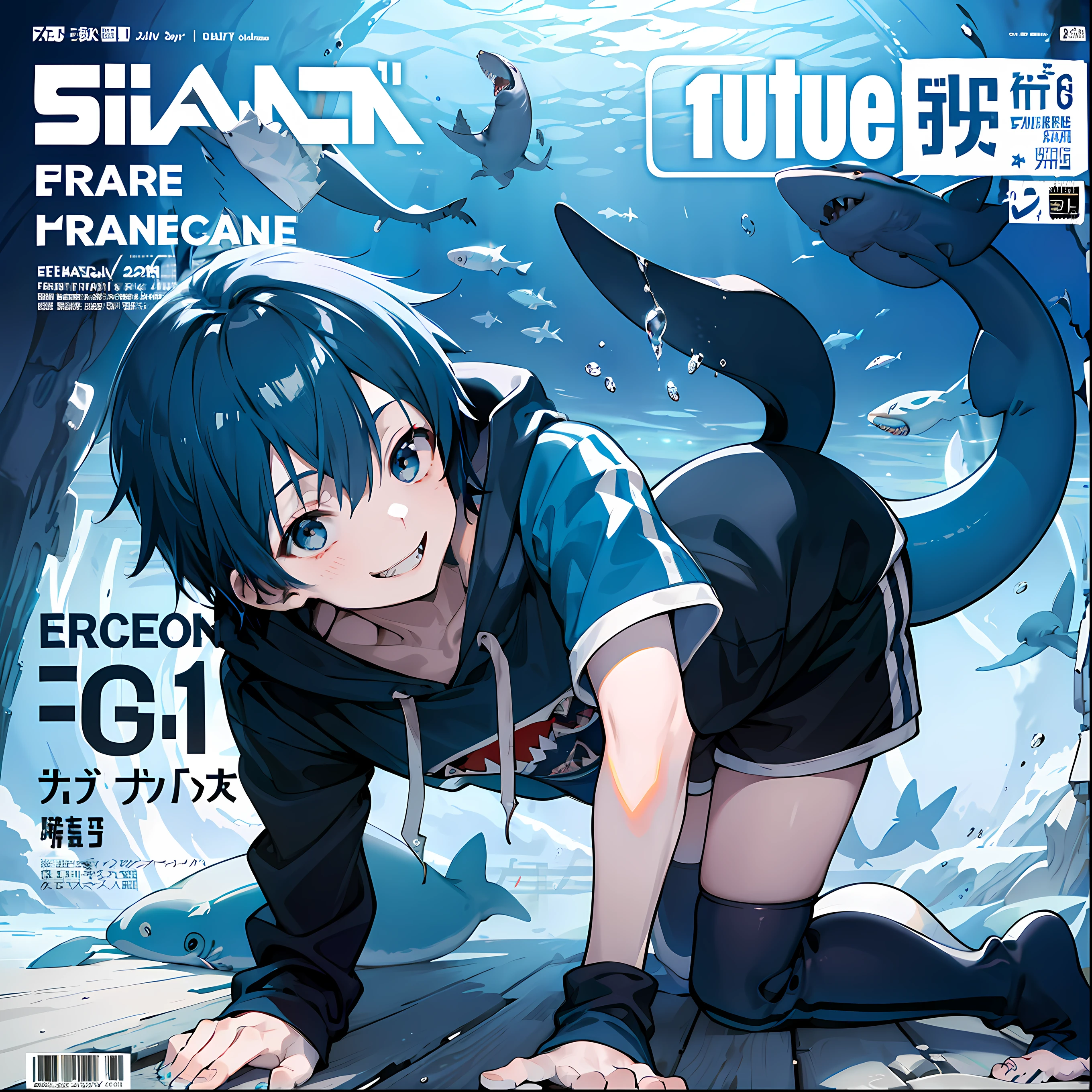 masterpiece, best quality, full body, (1boy), (Wearing a blue shark tail hoodie), (smiling shark teeth),(Boy Messy Japanese Round Haircut for Thick Hair), (blue hair), black shorts, ((solo)), (magazine:1.3), (cover-style:1.3), fashionable,Under water, (in side tunnel aquarium),