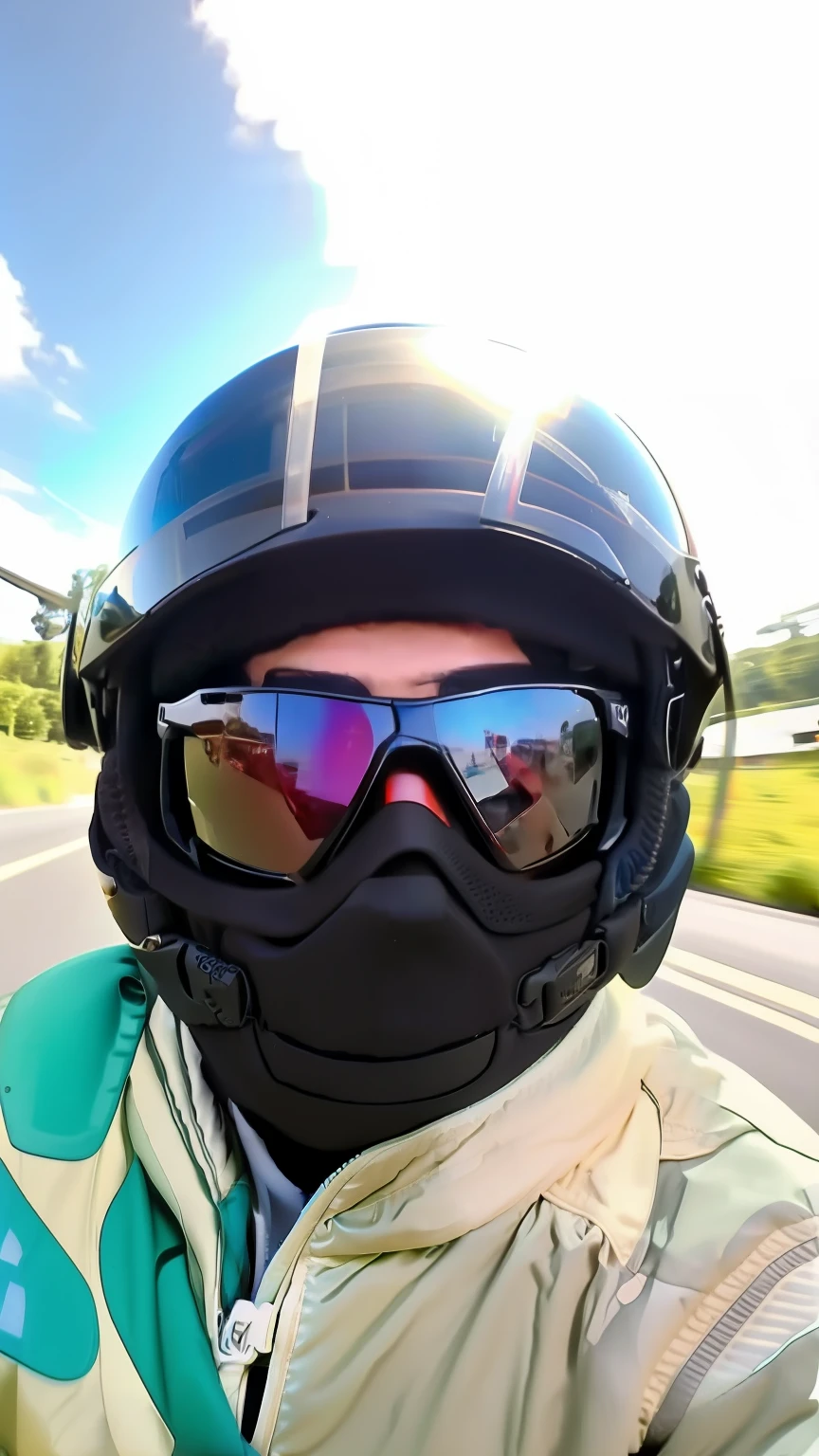 arafed man wearing a helmet and sunglasses on a motorcycle, wearing facemask and sunglasses, riding on the moped scooter, wearing shiny black goggles, riding a motorbike, point of view of visor wearer, reflection of phone in visor, wearing all black mempo mask, wearing helmet, reflection of iphone in visor, riding on the road, high fov