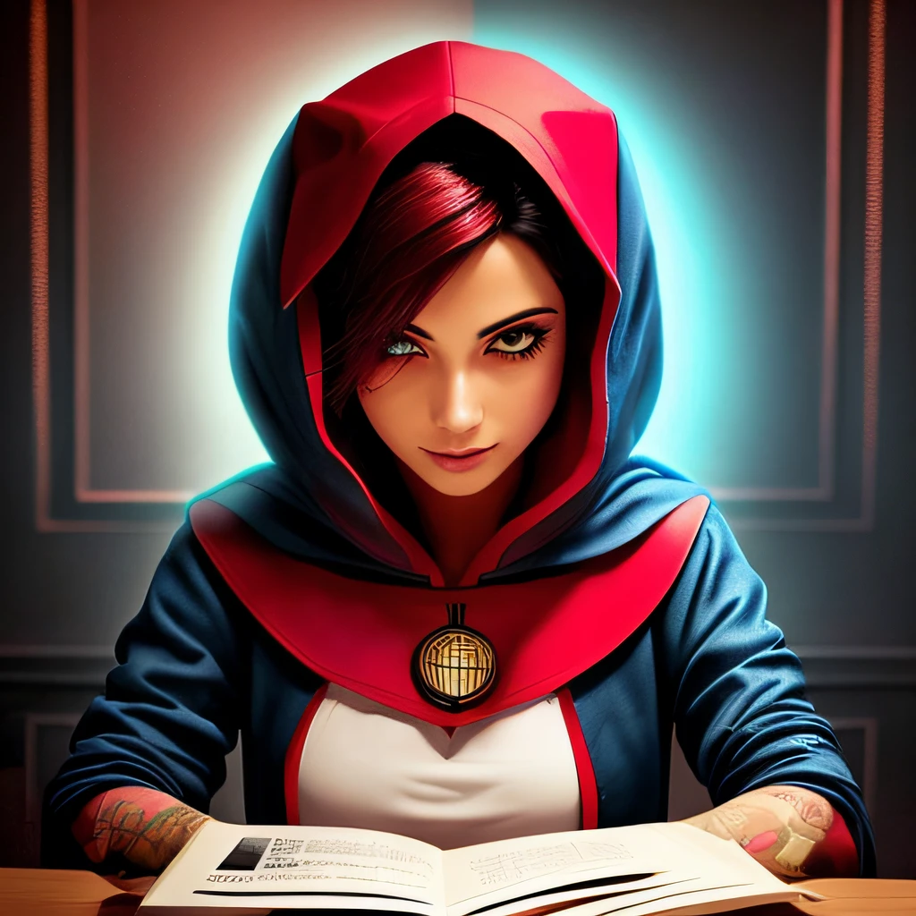 WOMAN IN RED HOOD ON HEAD, with an air of mystery, TATUAGEM PROXIMO AOS OLHOS, COM OLHOS BEM AZUL NEON, SERIA OLHANDO PARA FRENTE, Branco, cor laranja, alto, with your hand in your pocket, classical style, TOTALMENTE FRONTAL NA FRENTE, Escuro, segredo, BLUSA LOGA, sentado. WITH YOUR HANDS ON THE TABLE, como se estivesse apresentando um jornal,
