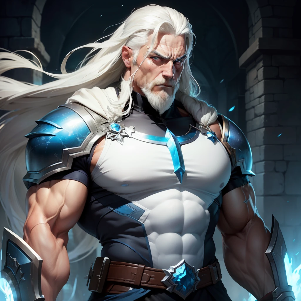 middle aged man,Strong muscles,long white hair,Blue pupil,White slag,solo person,High detail,perspire,holy paladin