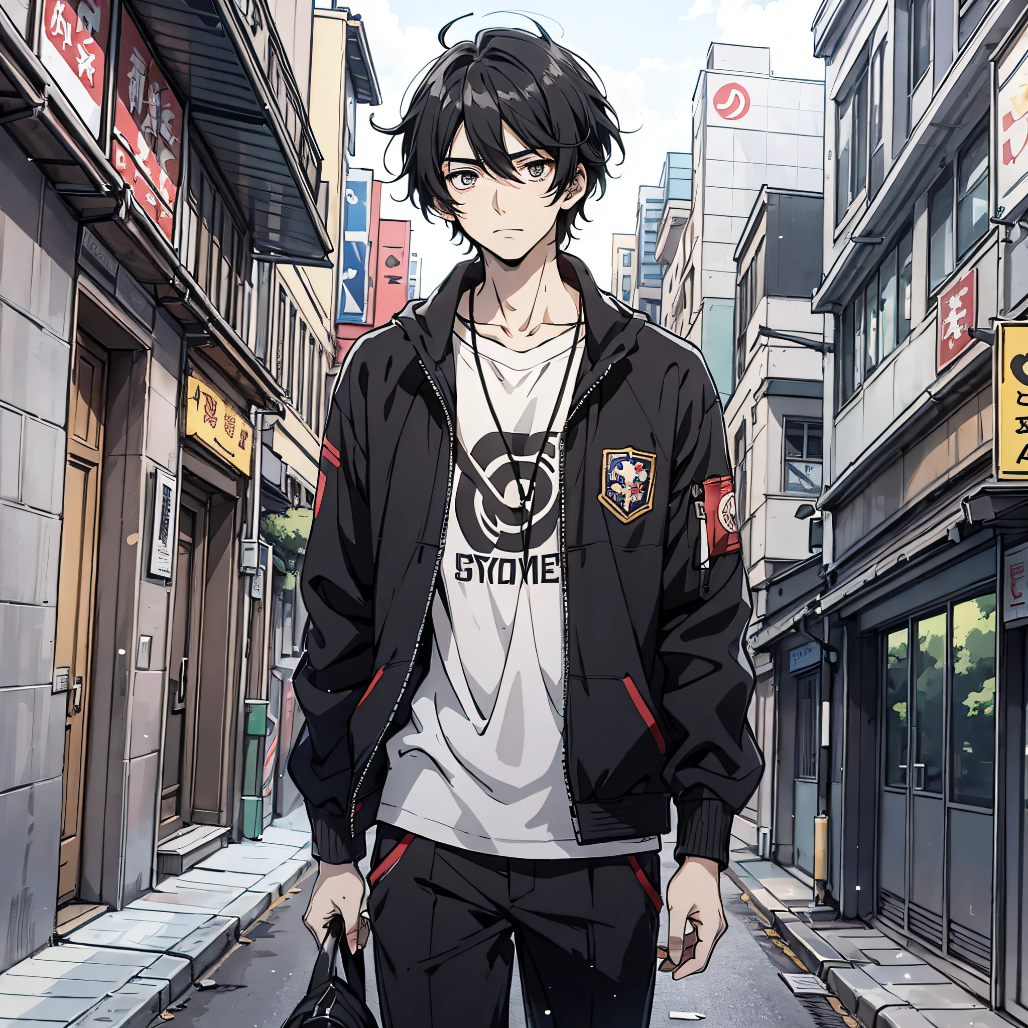Anime style 4K，Anime rendering，style of anime，China Campus，A young man with messy black hair，on the campus，are standing，A helpless expression，