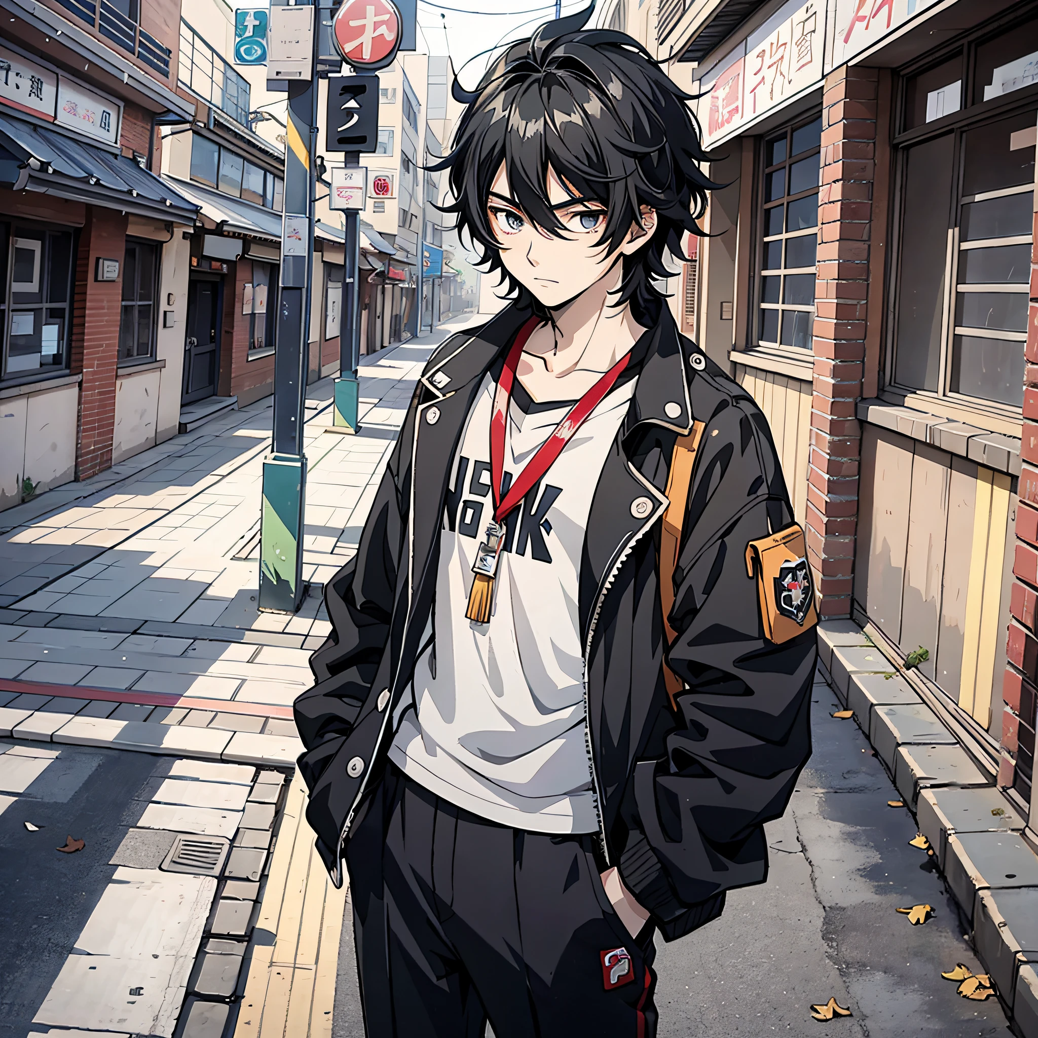 Anime style 4K，Anime rendering，style of anime，China Campus，A young man with messy black hair，on the campus，are standing，A helpless expression，