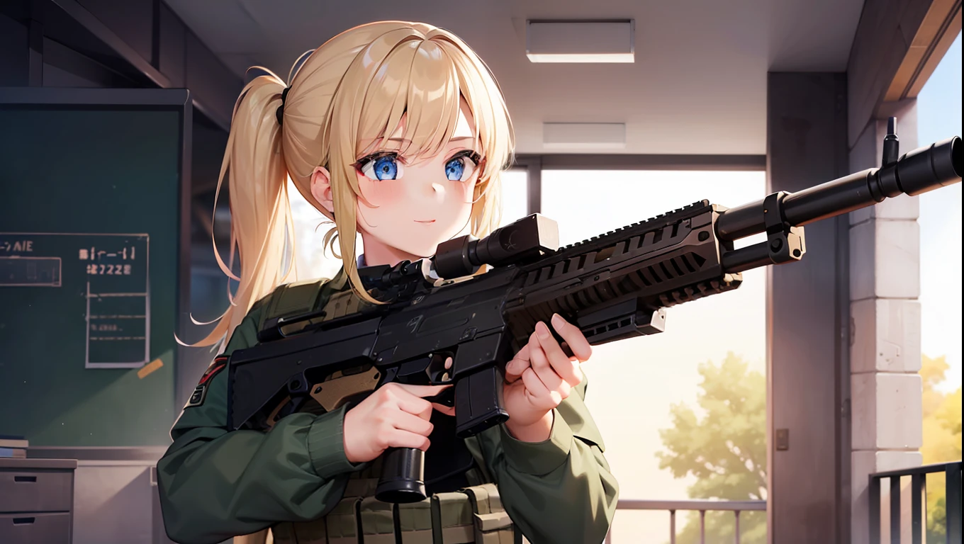 1 girl, military, pmc, cqb, gun girl, assault rifle, school uniform