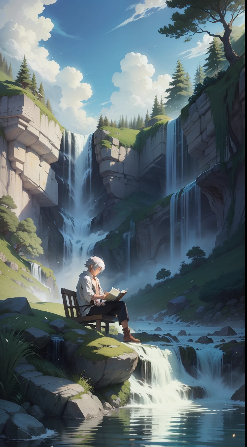 Anime character relaxing while reading a book by the waterfall.