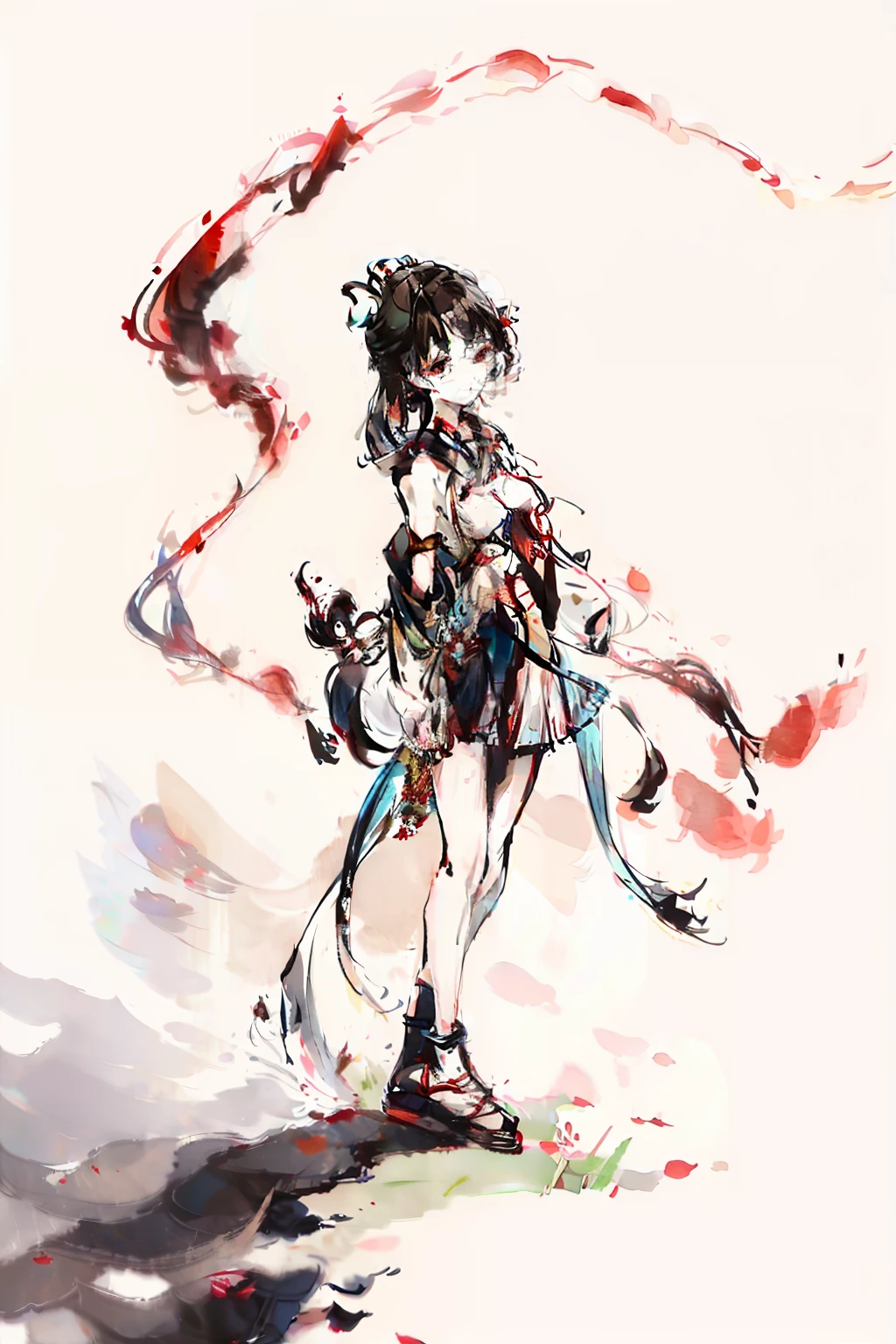 traditional ink painting、Smiling Woman、standing by the water、flered skirt