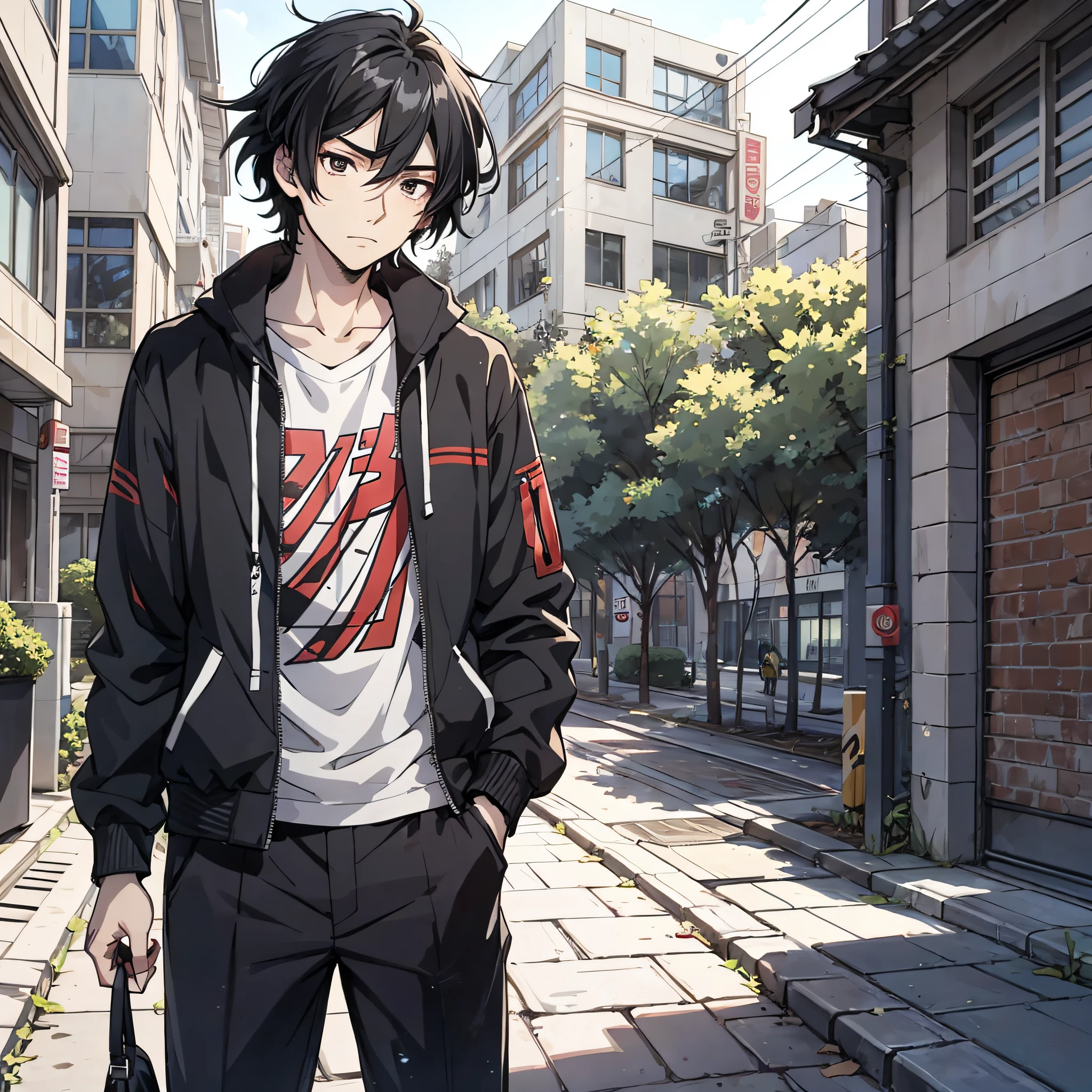 Anime style 4K，Anime rendering，style of anime，China Campus，A young man with messy black hair，on the campus，are standing，A helpless expression，