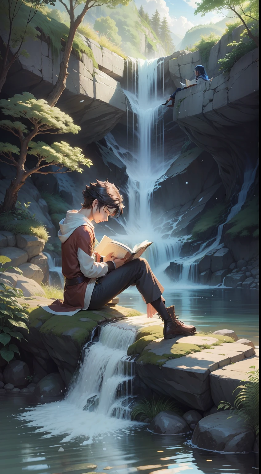 Anime character relaxing while reading a book by the waterfall.