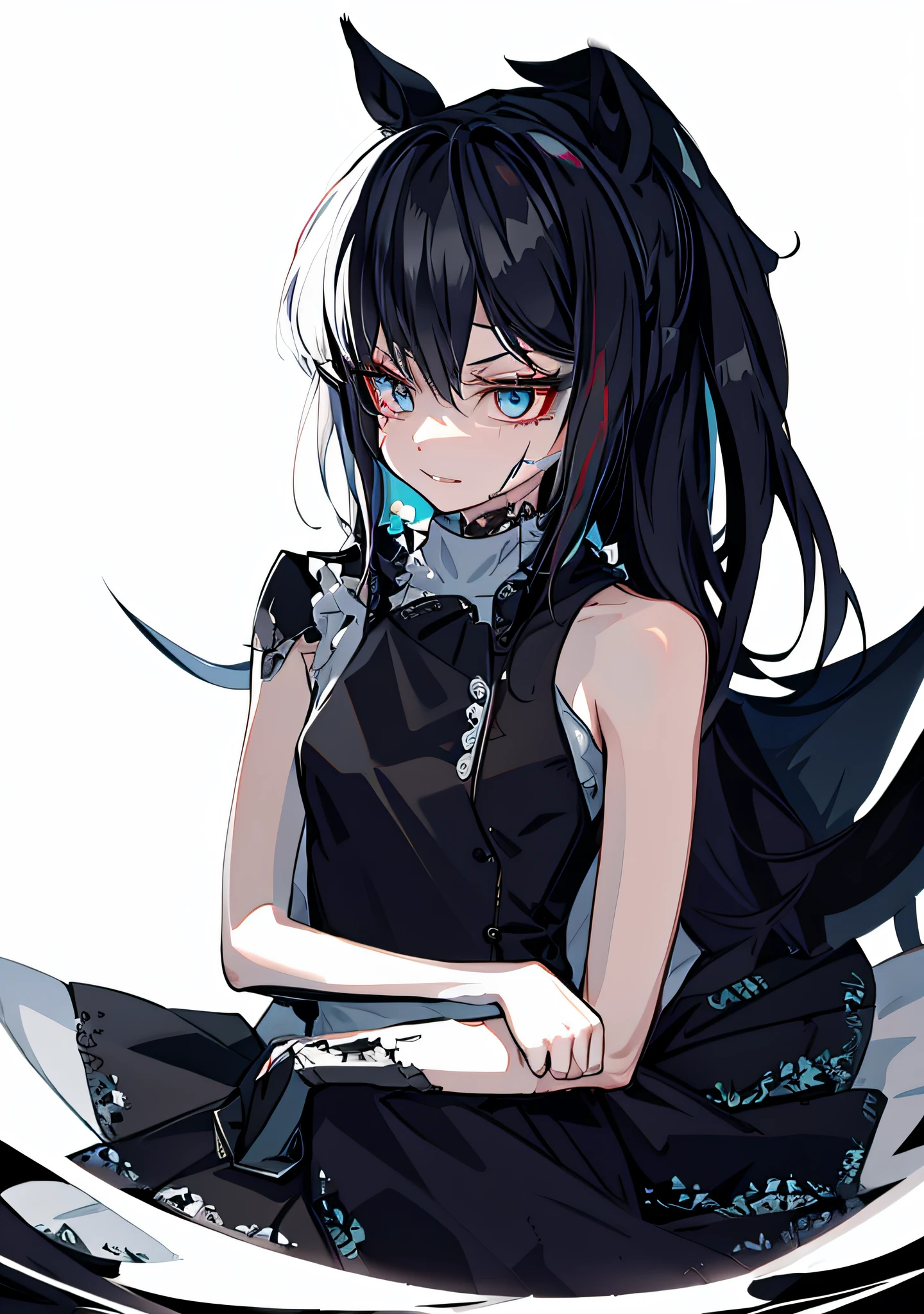 Anime girl with black hair and blue eyes sitting on white surface, gapmoe Yandere grimdark, gapmoe Yandere, Yandere, portrait gapmoe yandere grimdark, Anime girl wearing black dress, yandere intricate, demon anime girl, Yandere. Tall, (Anime girl), gothic maiden anime girl, anime moe art style, An anime girl，Scars on the face，the scars，Horse Racing Girl，Horse girl，Horse Ears