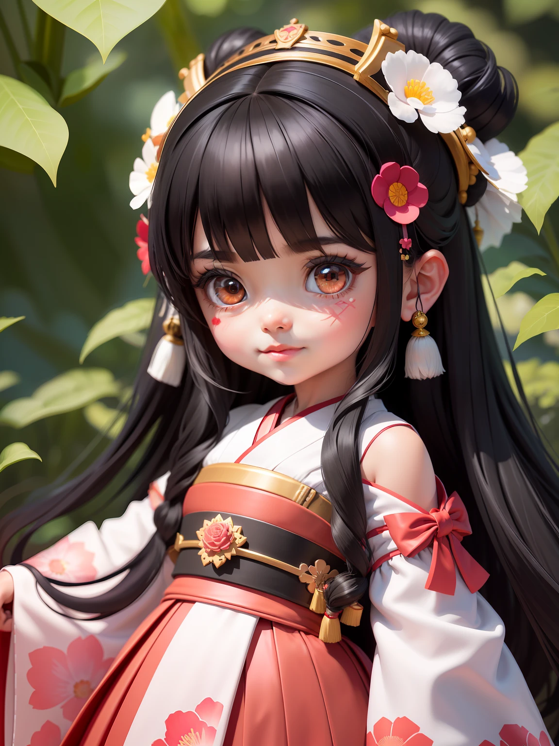 (tmasterpiece),(best qualtiy),(super detailing),(full bodyesbian:1.2),A very cute little girl with black hair and blush black hair,Blush Sticker,Red priestess hakama,florals(beautifull detailed face),(beatiful detailed eyes),ssmile