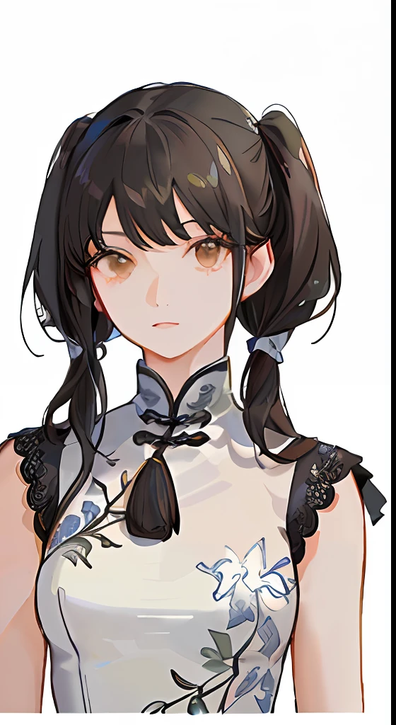 girl,full body,(detailed face:1.2), masterpiece, fashion,chinese dress,, medium hair, black hair, twintails, blunt bangs, brown eyes,