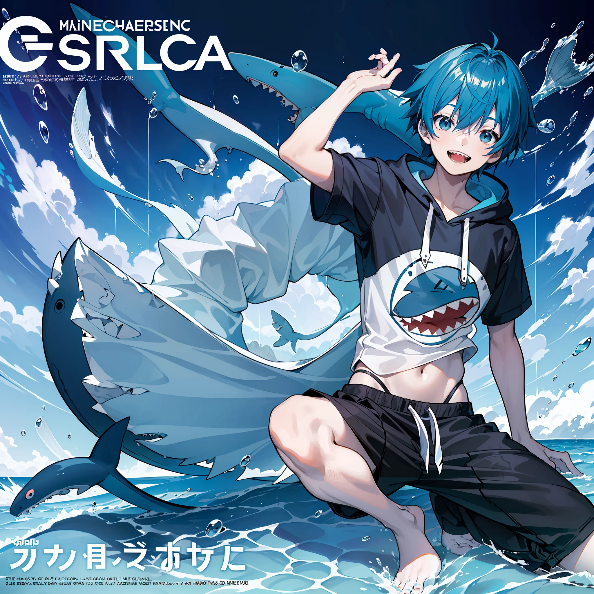 masterpiece, best quality, full body, (1boy), (Wearing a blue shark tail hoodie), (smiling shark teeth),(Boy Messy Japanese Round Haircut for Thick Hair), (blue hair), black shorts, ((solo)), (magazine:1.3), (cover-style:1.3), fashionable,Under water, (in side tunnel aquarium),