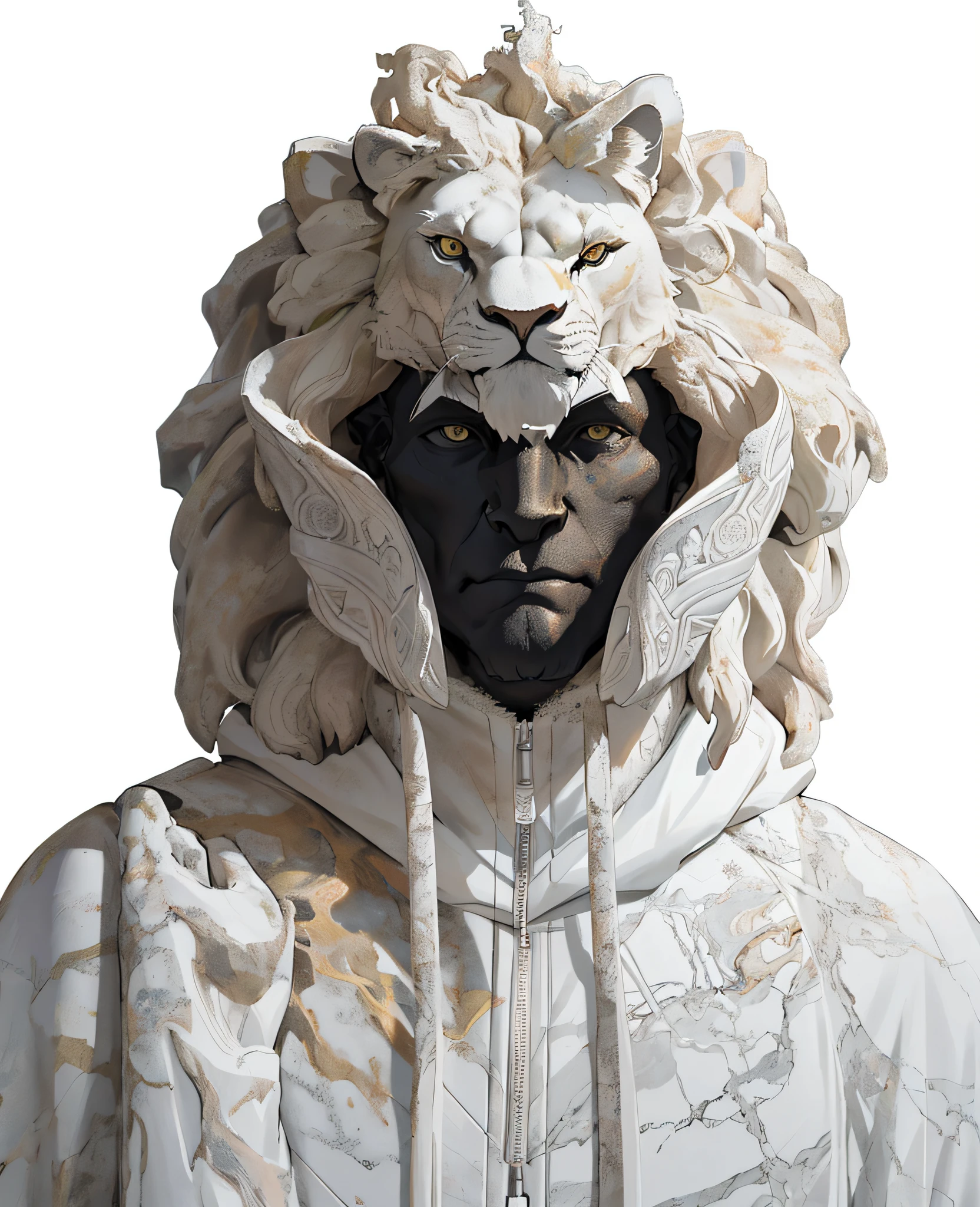 a white statue of a lion wearing a hoodie, a marble sculpture by Alexander McQueen, trending on zbrush central, afrofuturism, zbrush, marble sculpture, physically based rendering