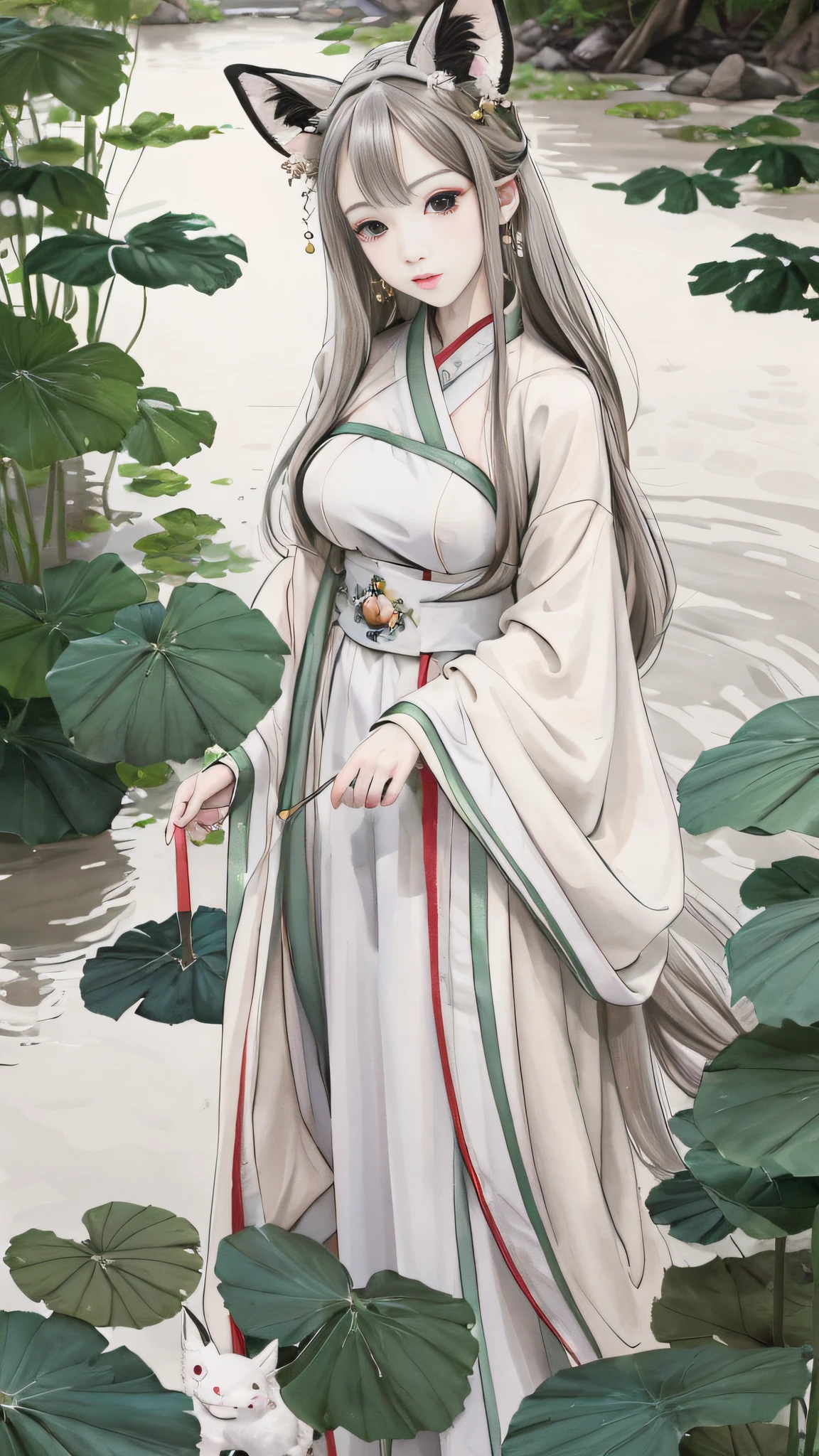 ((4K,Masterpiece,Best quality)), shuimobysim, Traditional Chinese painting, lotuses, Hanfu, maxikit, dress conservatively 1 girl, (Bigchest,huge tit),独奏, White hair, fox ear, white colors, The fish, lots of fish near the boy, looking at the viewer only,Tease oneeshota,