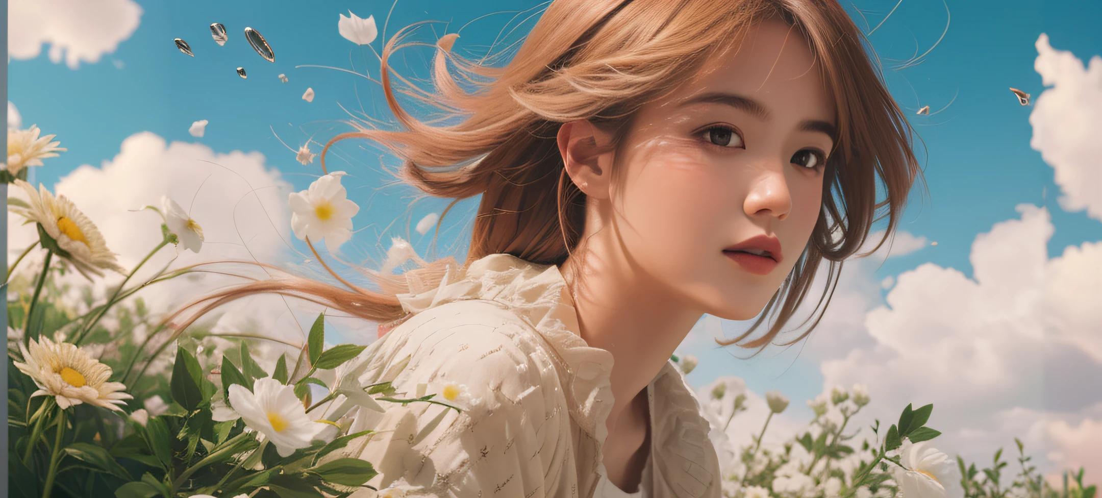 There is a woman standing in a flower field in the background of the sky, Guviz-style artwork, Realistic. Cheng Yi, by Yang J, trending on cgstation, Official artwork, Guviz, author:yanjun cheng, Shin Jinying, Beautiful digital artwork, yanjun cheng, Fanart, Artgerm and Atey Ghailan