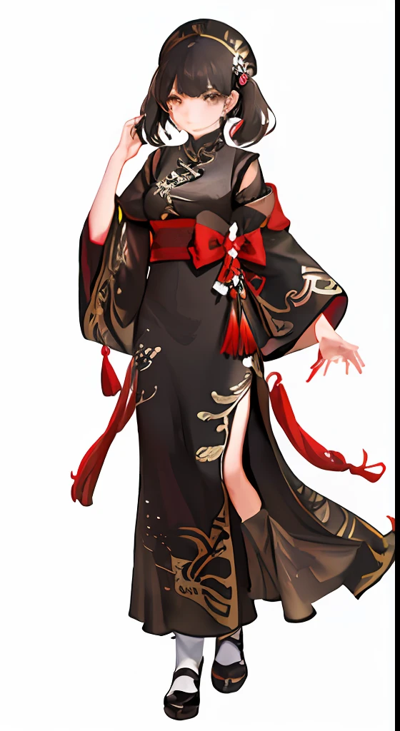 girl,full body,(detailed face:1.2), masterpiece, fashion,chinese dress,, medium hair, black hair, twintails, blunt bangs, brown eyes,