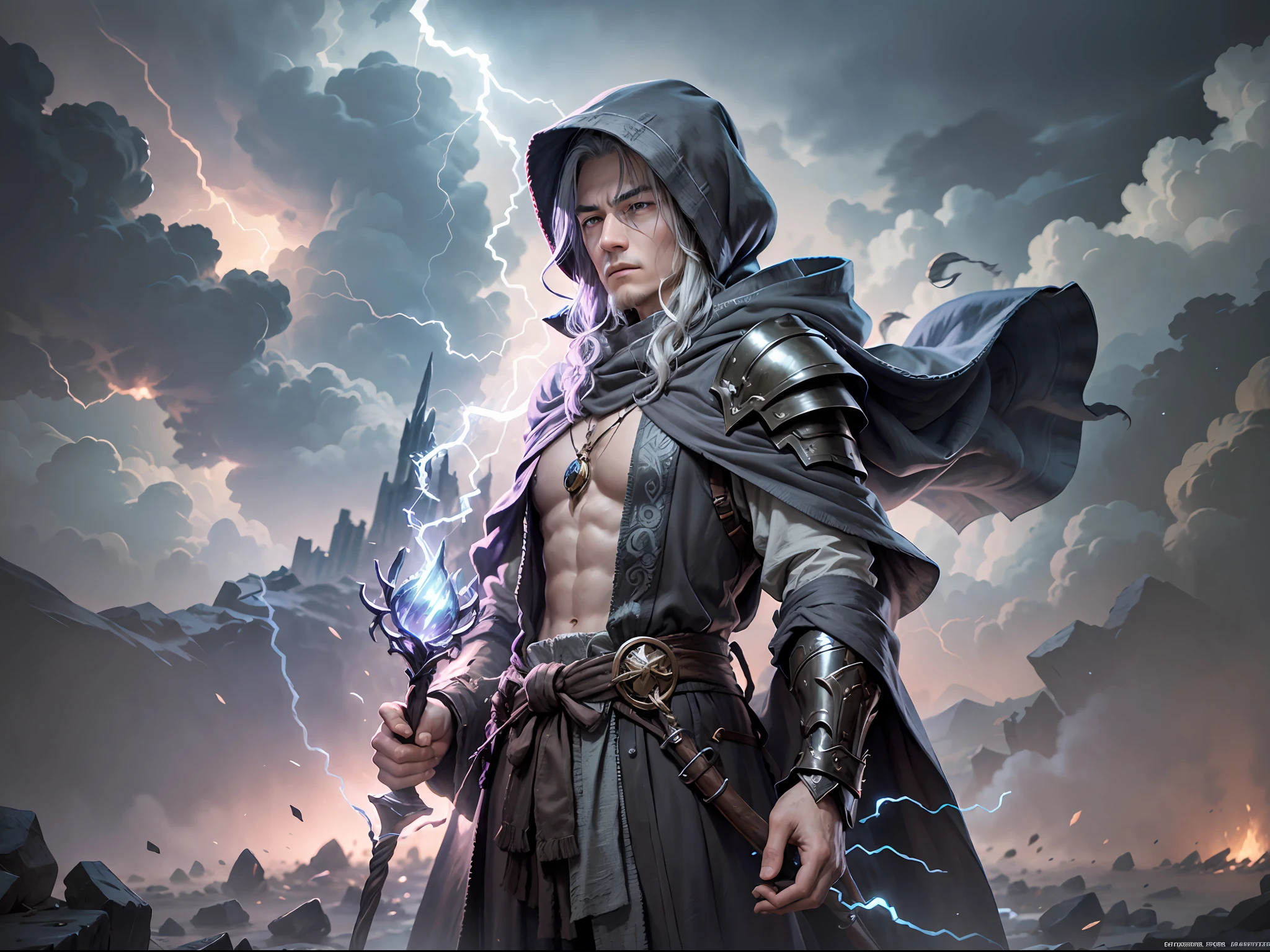 tmasterpiece,A high resolution,mistic:1.2),A powerful and young 20-year-old young mage stands on the edge of a cliff where he casts spells of devastating effect,He has gray hair,Cyan pupils,The hood half-covers the face。The mage is surrounded by an intricate magic array,Arcane energy pulsating,He made complex gestures at the symbol。He wears a flowing brown-green robe,The whole body is tightly wrapped in light armor,Holding a full-wood staff in full costume,Exudes wisdom and mastery of mystical art。The scene is set against the backdrop of a panicking hurricane,A cold blue-gray glow was cast on the mage and his surroundings。Clouds in the sky lightning and thunder,The earth is being torn apart by hurricanes and lightning,A captivating backdrop is created for the mage's mysterious display。When he directs his magical energy,Wisps of energy emanated from his staff,Crackling power。The image captures the essence of an experienced mage,He uses the power of magic to unleash powerful spells,For the world around him is being destroyed by His power。By using depth of field (DOF)、Super resolution and high megapixel rendering,Every element passes through cinematic lightning and anti-aliasing techniques(Such as FKAA、TXAA and RTX)true to life。SSAO was added in post-production and tone mapping(Screen Space Ambient Occlusion)and various post-processing effects,Take visual quality to a whole new level。By using depth of field (DOF)、Super resolution and high megapixel rendering,Every element passes through cinematic lightning and anti-aliasing techniques(Such as FKAA、TXAA and RTX)true to life。SSAO was added in post-production and tone mapping(Screen Space Ambient Occlusion)and various post-processing effects,Take visual quality to a whole new level。