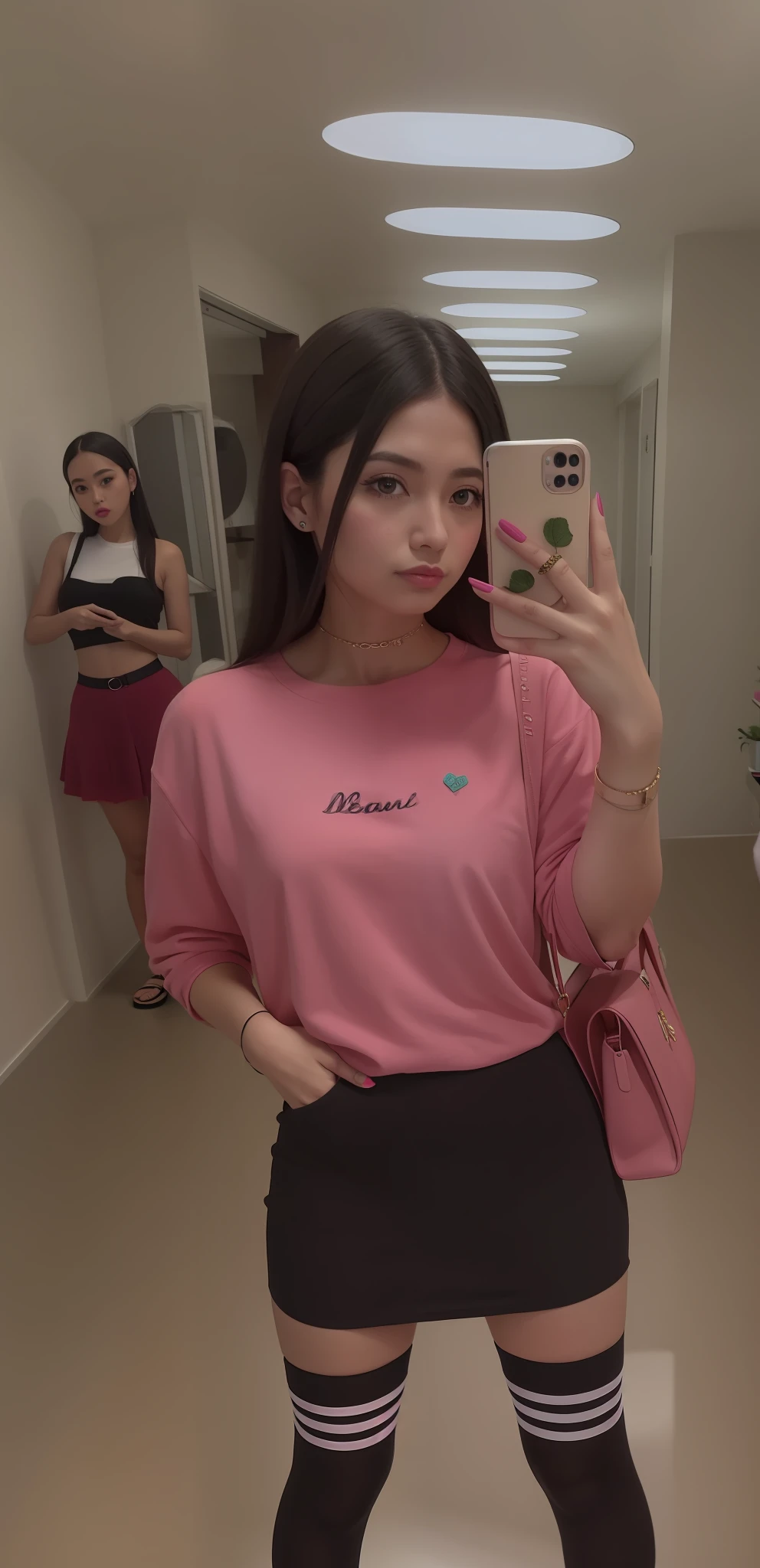 there is a woman taking a selfie in a mirror, usando saia e meias altas, ((rosa)), rosa e preto, cor-de-rosa, roupas cor-de-rosa, estilo y2k, e estilo 2K, foto da roupa, mini-saia rosa, 90s japan, vibe rosa, mini-saia rosa justa, she is wearing streetwear, Thighs and skirt Repaint and correct anime style Repaint and correct the hand that is holding the pink phone with green flower details