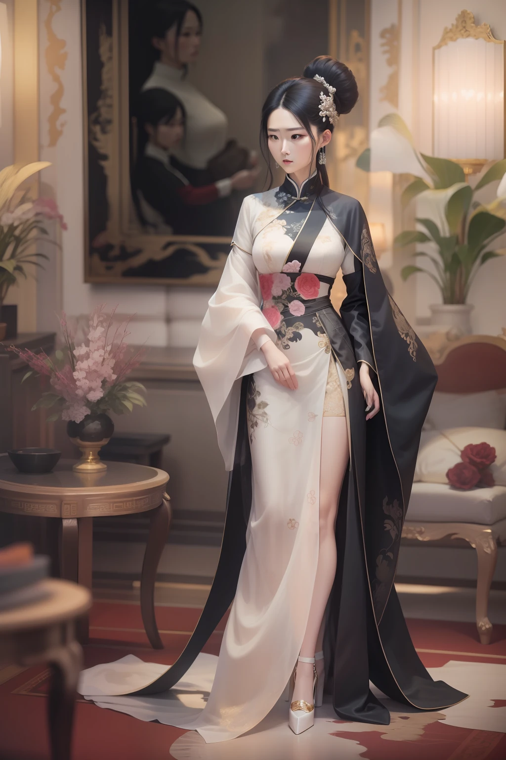 Young modern Chinese royal sister，Wearing black silk and high heels，standing in the room。