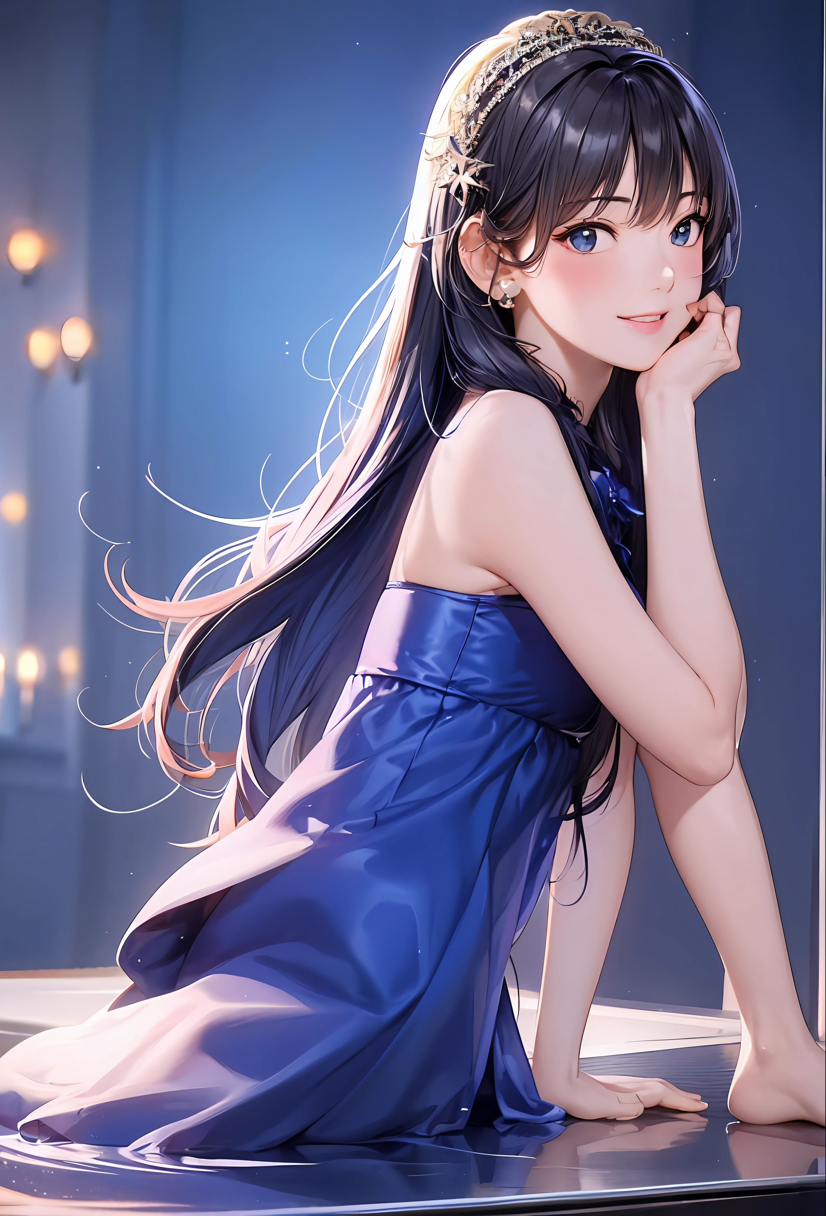 (8k, top quality, masterpiece: 1.2), (realistic, photorealistic: 1.37), super detailed, girl alone, cute, solo, midnight, beautiful detailed sky, detailed café, sitting, dating, (blush), (smile: 1.15), small breasts (mouth closed), beautiful fine eyes, floating hair NovaFrogStyle, back open dress, blue rose accessories, Blue rose background